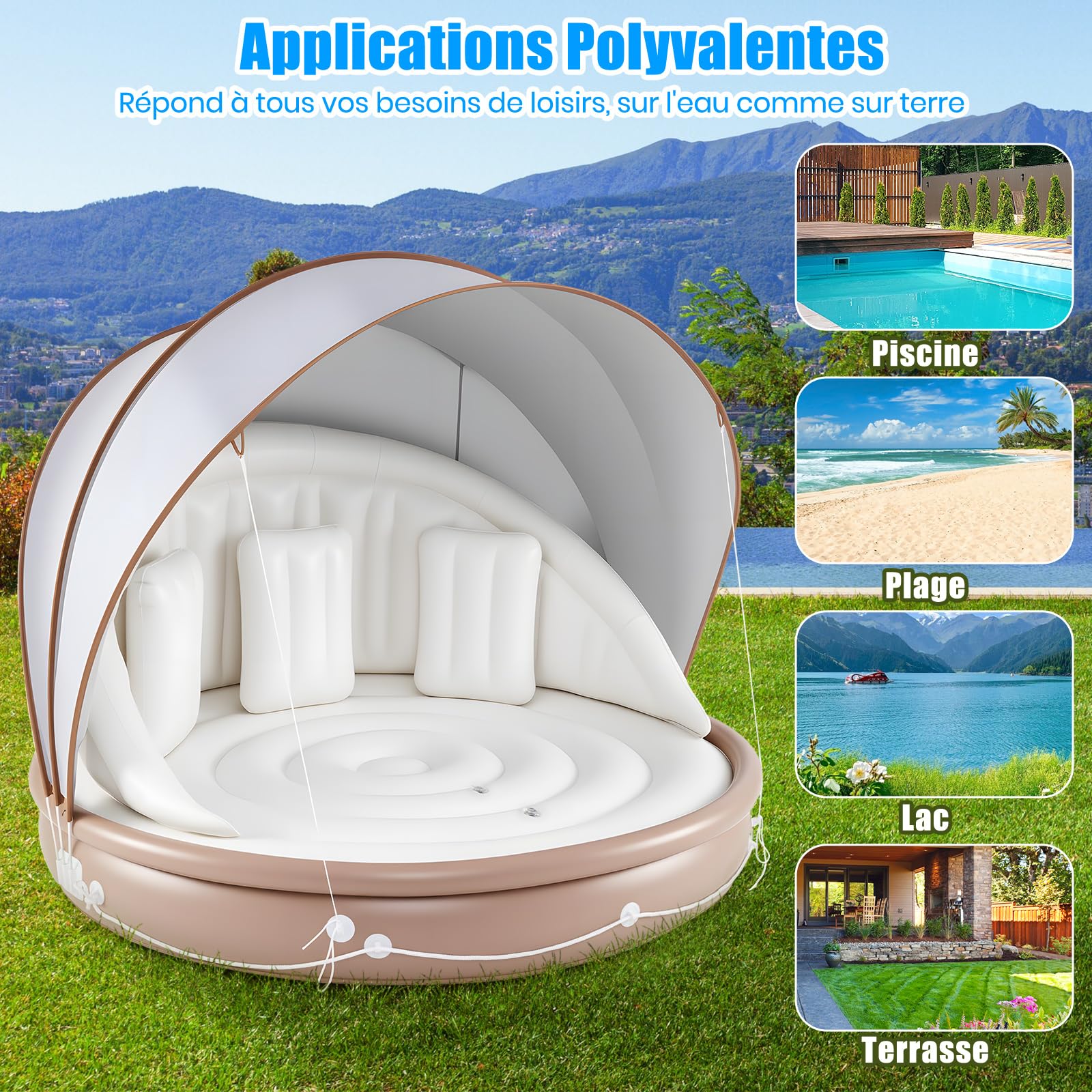 GYMAX Matelas Piscine Gonflable avec Auvent Détachable pour 2-3 Adultes
