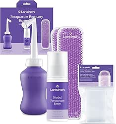 Lansinoh Postpartum Essentials Kit, Includes Upside Down Peri Bottle, Herbal