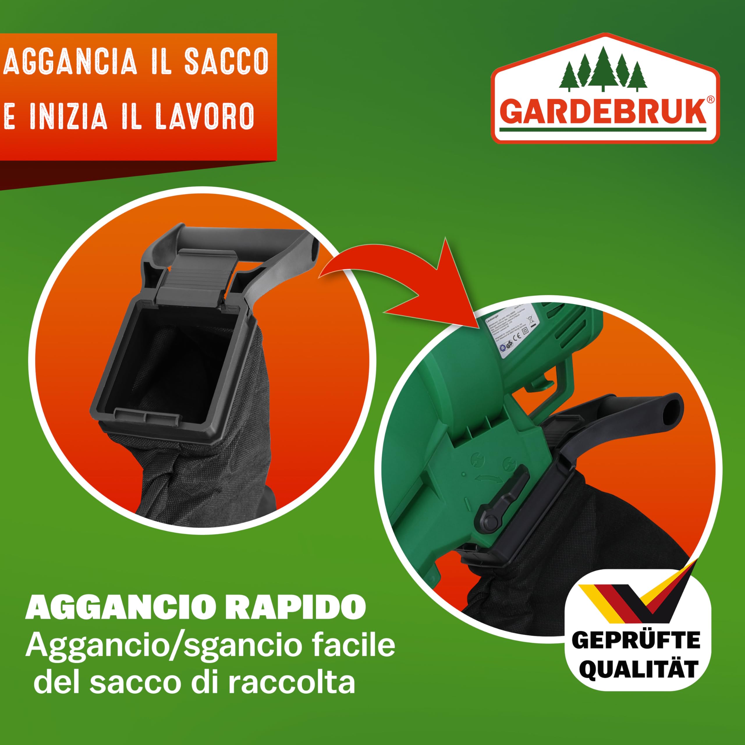 GARDEBRUK® Soffiatore Foglie Aspiratore Trituratore Elettrico 3in1 3000W Tracolla Ruote Sacca 45L Soffia Foglie Giardino Aspirafoglie Aspira Fogliame