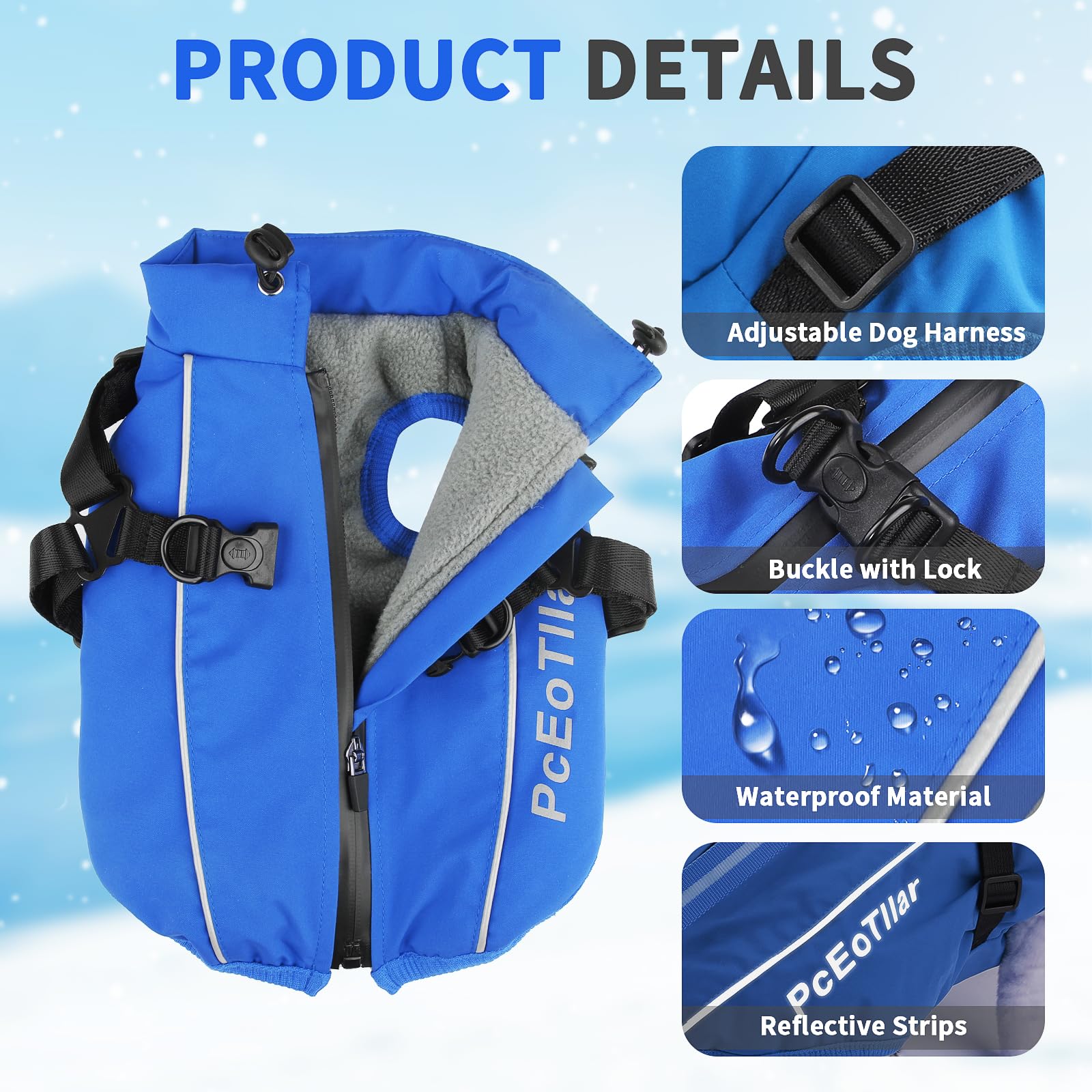 PcEoTllar Waterproof Dog Coat for Small Dogs Warm Reflective Jacket with Harness for Winter Skiing Costume Cotton Dog Sweater - Image 2