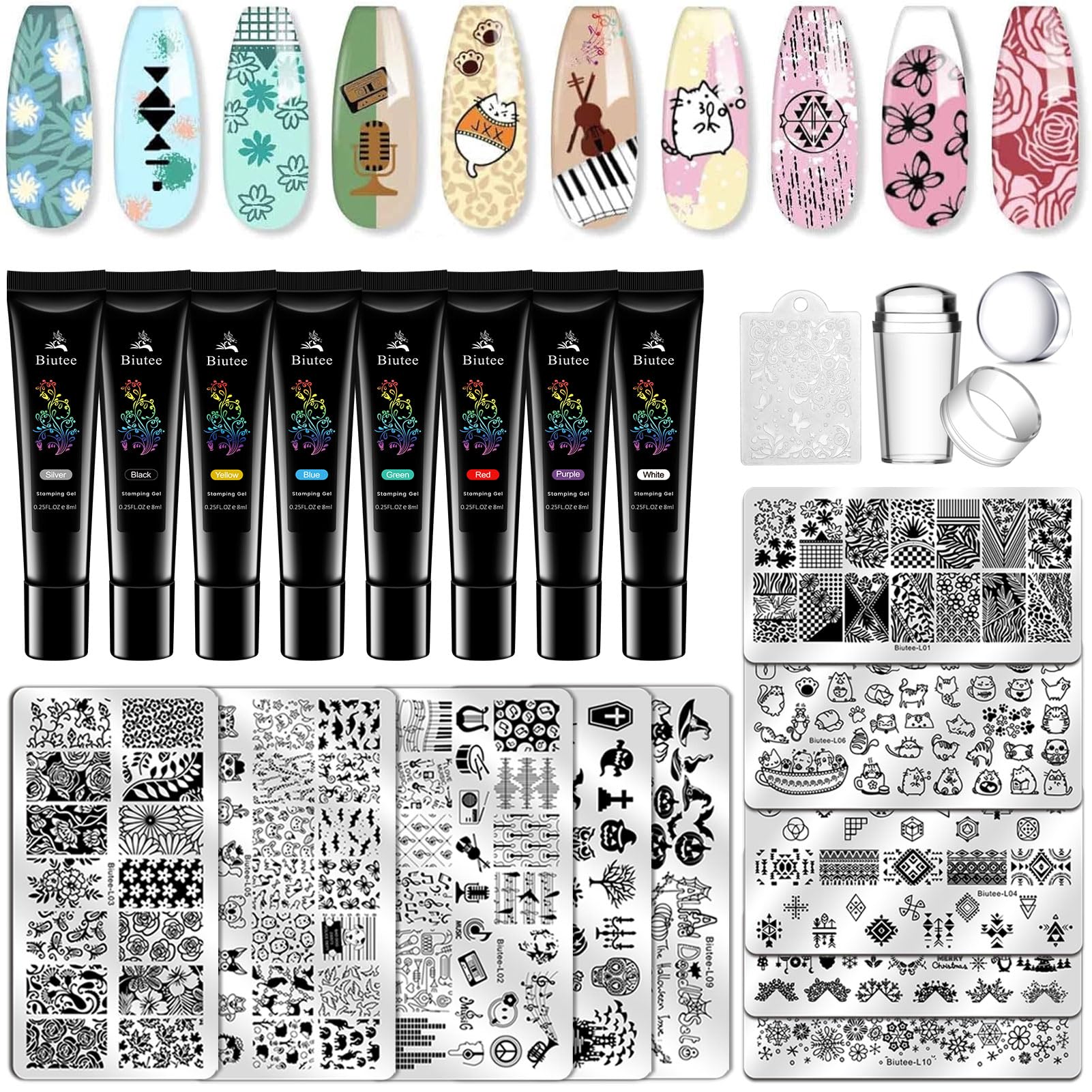 Biutee Nail Stamping Kit with Clear Stamper & Scraper, 10pcs Nail Art Stamping Plates + 8 Colors Stamping Gel Polish, Flower Animal Geometric Nail Art Tools for Beginners