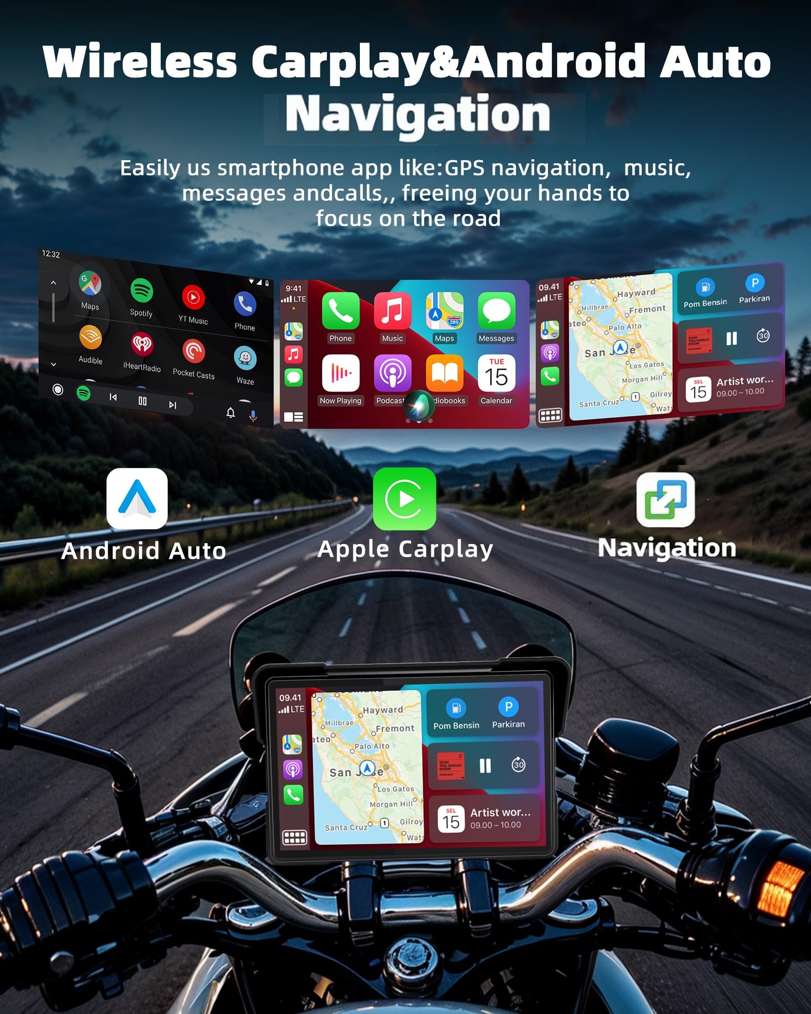 Jansite Motorcycle Carplay Android Auto Motorfiets met 2K dashcam voor achter, 7 inch dashcam motorfiets navigatieapparaten Carplay scherm, IP67 waterdichte dubbele Bluetooth continue opname 64G TF