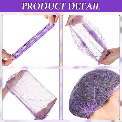Miniatura 3 de 100 gorras para el cabello de 21 pulgadas, no tejidas, red elástica, para cubrir el cabello, sombreros para cosméticos, salón de belleza (morado)