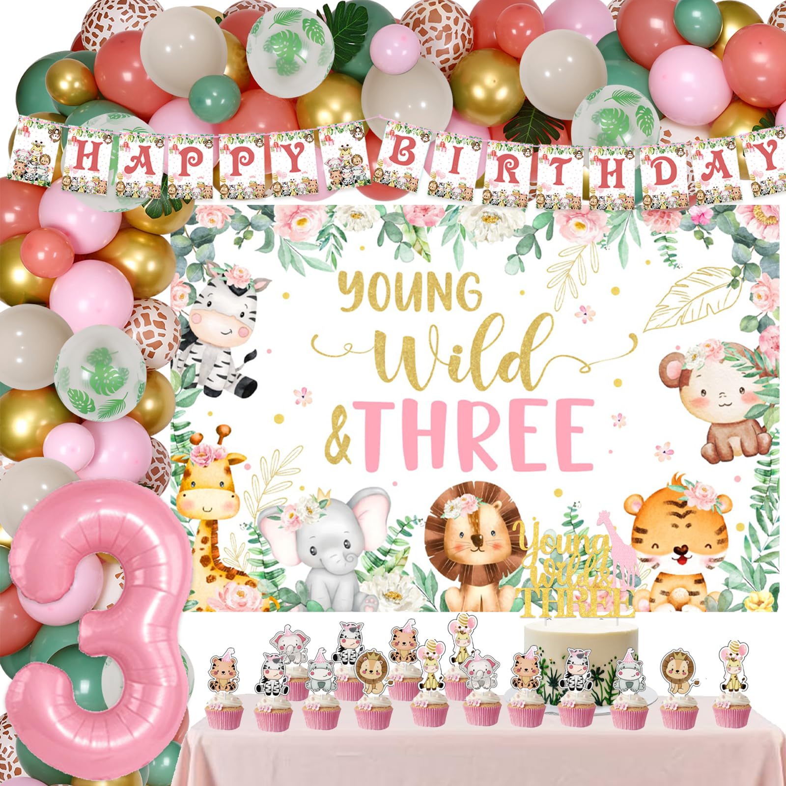 Young Wild and Three Birthday Decorations Girl - Jungle Safari Theme Young Wild and Three Backdrop Cake Topper with Sage Green Dusty Pink Balloon