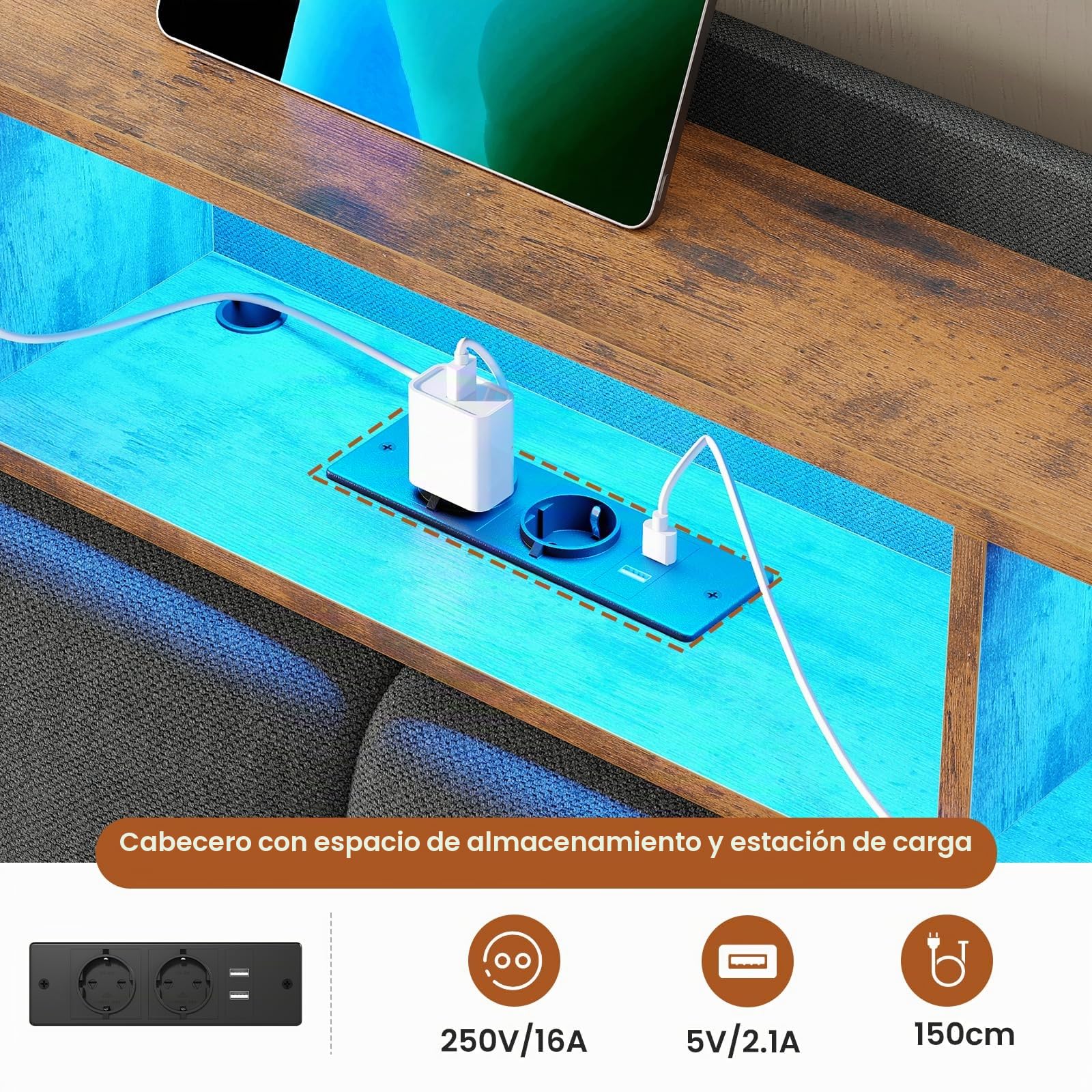 DICTAC - Cama matrimonial acolchada 90x200 con iluminación LED y barra de enchufes, cama individual para jóvenes 90x200 con somier de láminas, estructura de cama para adultos con espacio de
