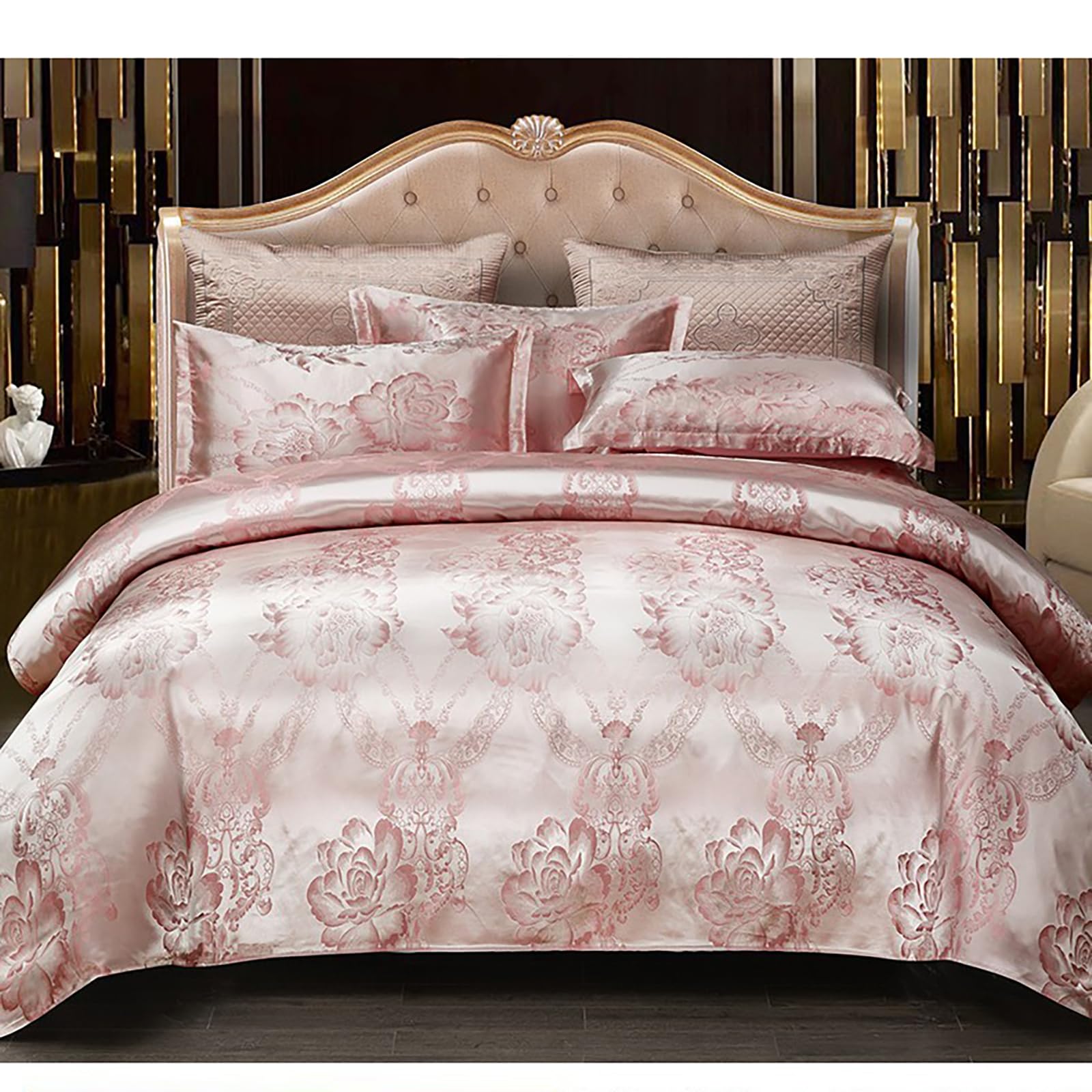 E-yimeng King Size Duvet Cover Sets Silk Satin Bedding Sets Bohemian Bed Cover with 2 Pillowcases Zipper Luxury Reversible Hotel Quality Easy Care Ultra Soft Bedding Collections Pale Pink 230x220 cm โ image 1