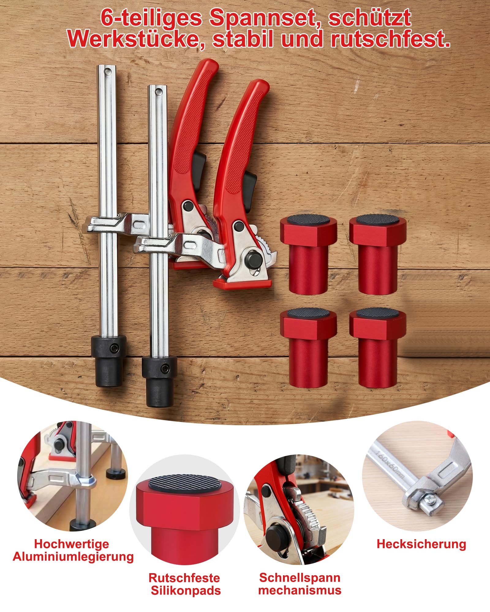 Lot de 6 supports bas : 2 colliers de serrage de 20 mm et 4 crochets d'établi en acier au chrome vanadium, pince à serrage rapide 160 x 60 mm pour le travail du bois, table MFT et établi (rouge