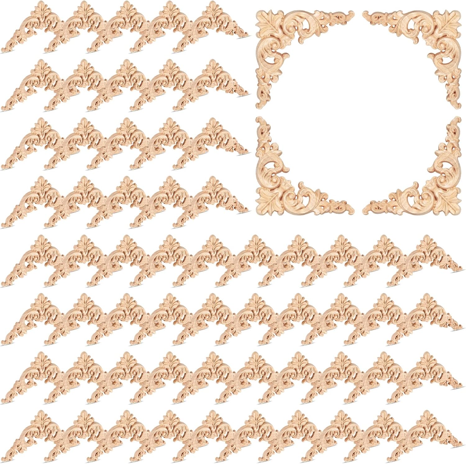 Remerry 60 Pcs Wood Applique Onlays and Wood Corner Decorative Furniture Appliques DIY Unpainted Wooden Carved Corner Decal for Home Furniture Wall Decor, 3.94 x 3.94 Inch