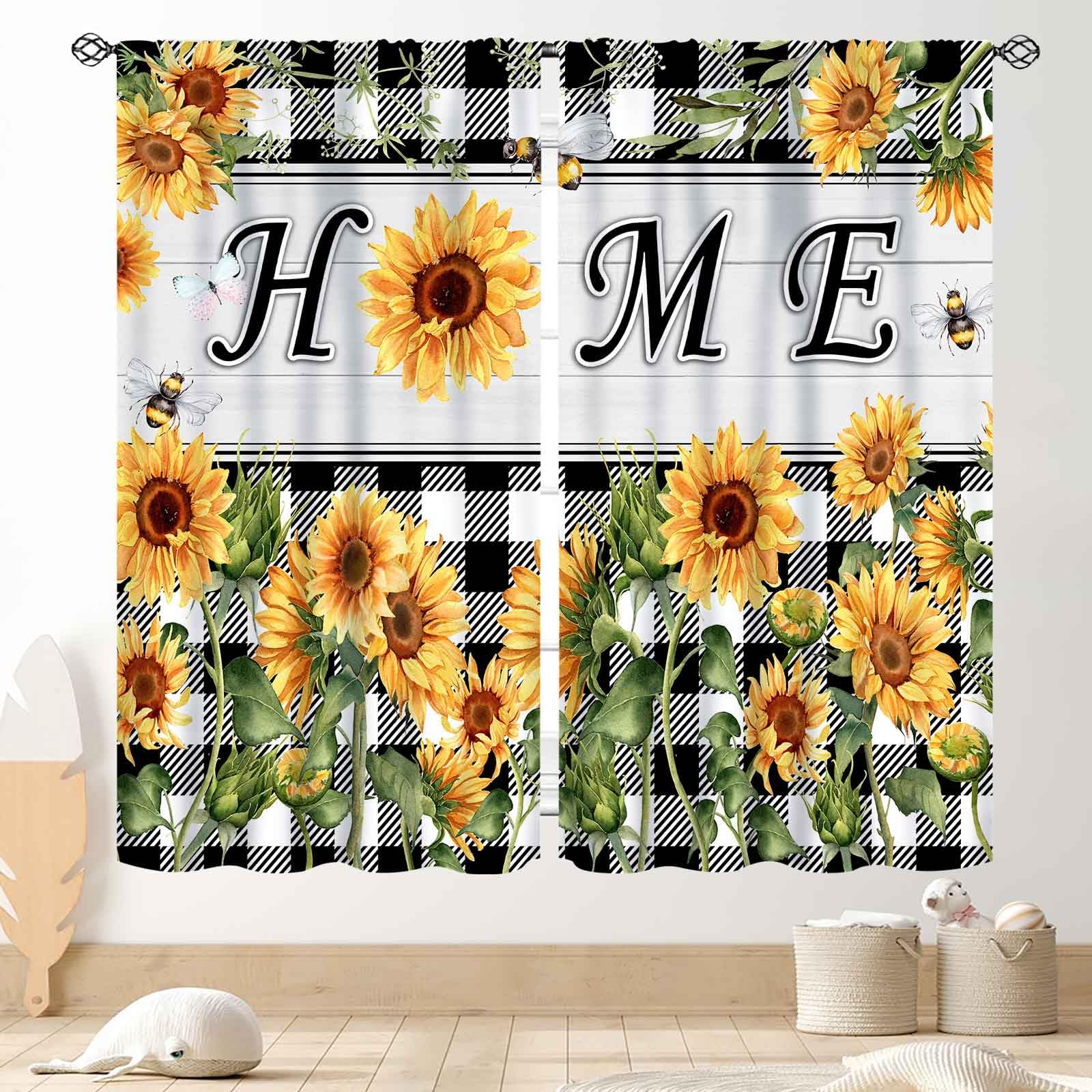 TKUYO Sunflower Curtains for Kitchen, Rusitc Country Yellow Flower Printed Farmhouse Style Buffalo Plaid Checkered Patterned Rod Pocket Bedroom Living