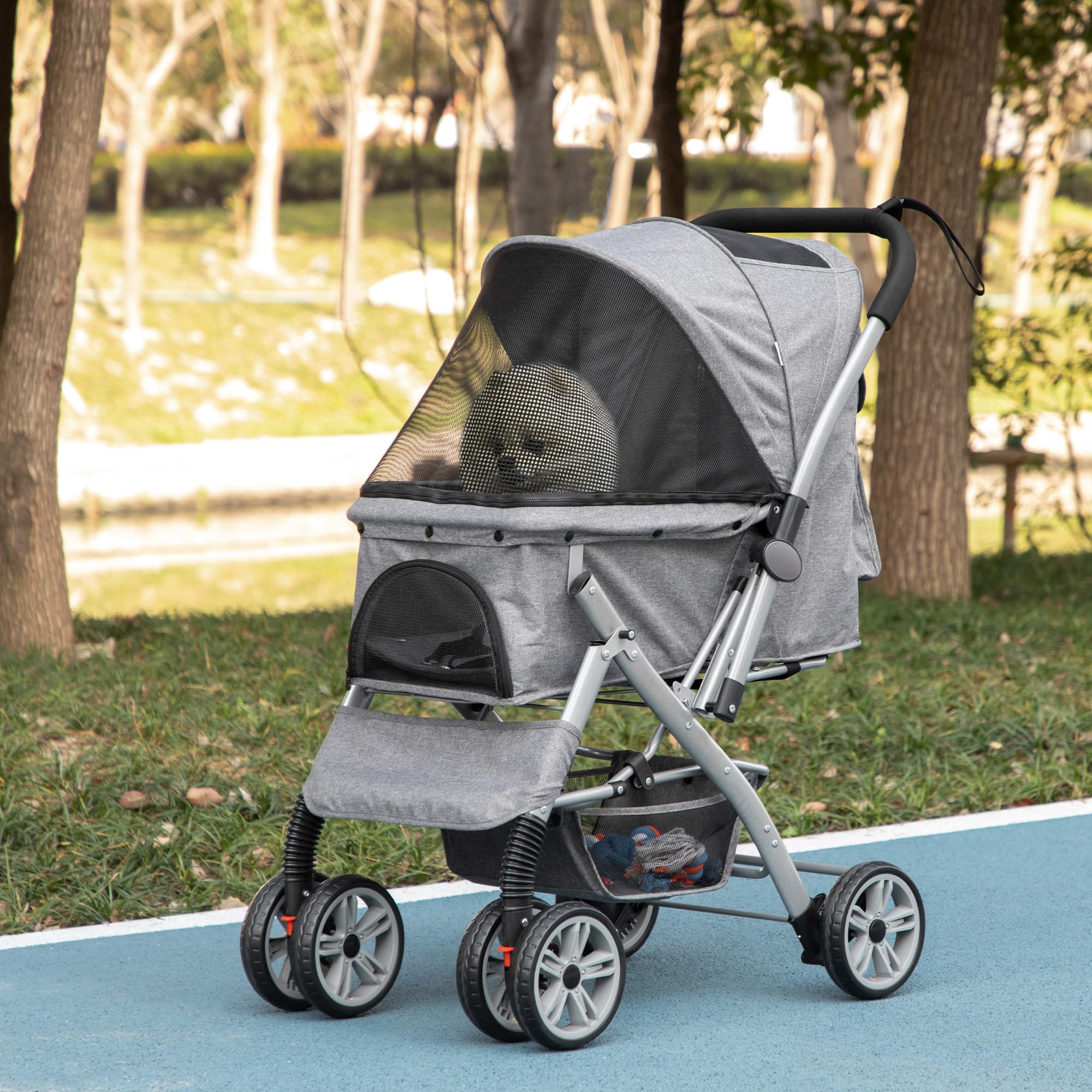 PawHut Poussette buggy pliable chien chat panier et sac de rangement attaches sécurité housse réglable acier Oxford gris chiné noir | Panier et Sac de Rangement, Housse Réglable, Acier Oxford