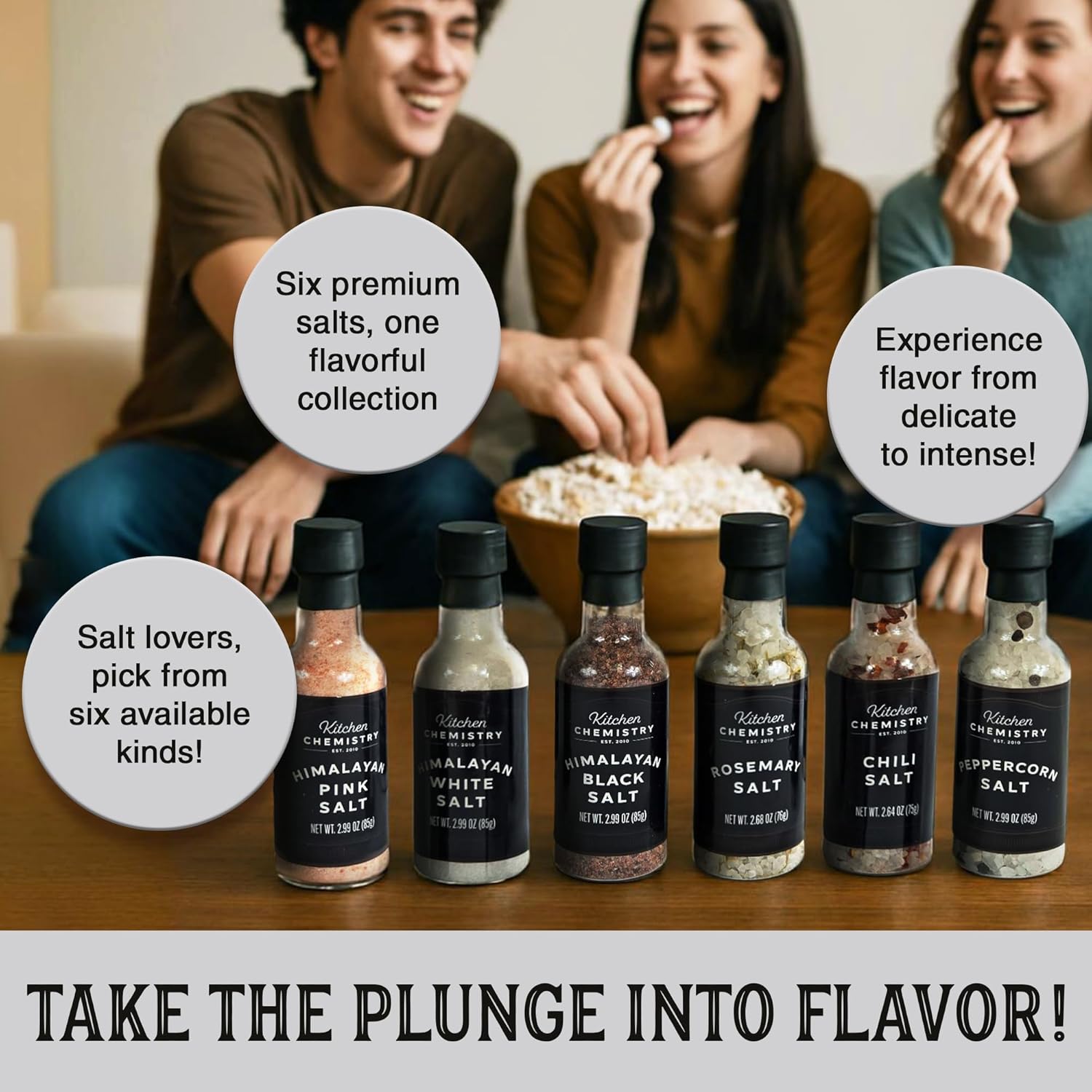 Kitchen Chemistry Gourmet Salt Collection – 6 Assorted Himalayan Pink and Black Salt, Specialty Blends – Premium Spices and Seasonings Sets for Cooking & Gifting
