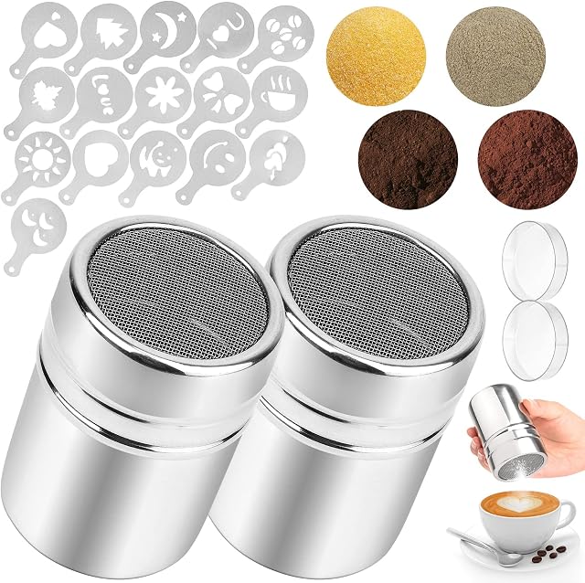 2 Pcs Chocolate Shaker, Stainless Steel Coffee Sprinkles Powder Set with 16 Coffee Stencils Dusters Mesh Powder Shaker Flour Shaker with Lid for DIY Cappuccino Coffee Lcing Sugar