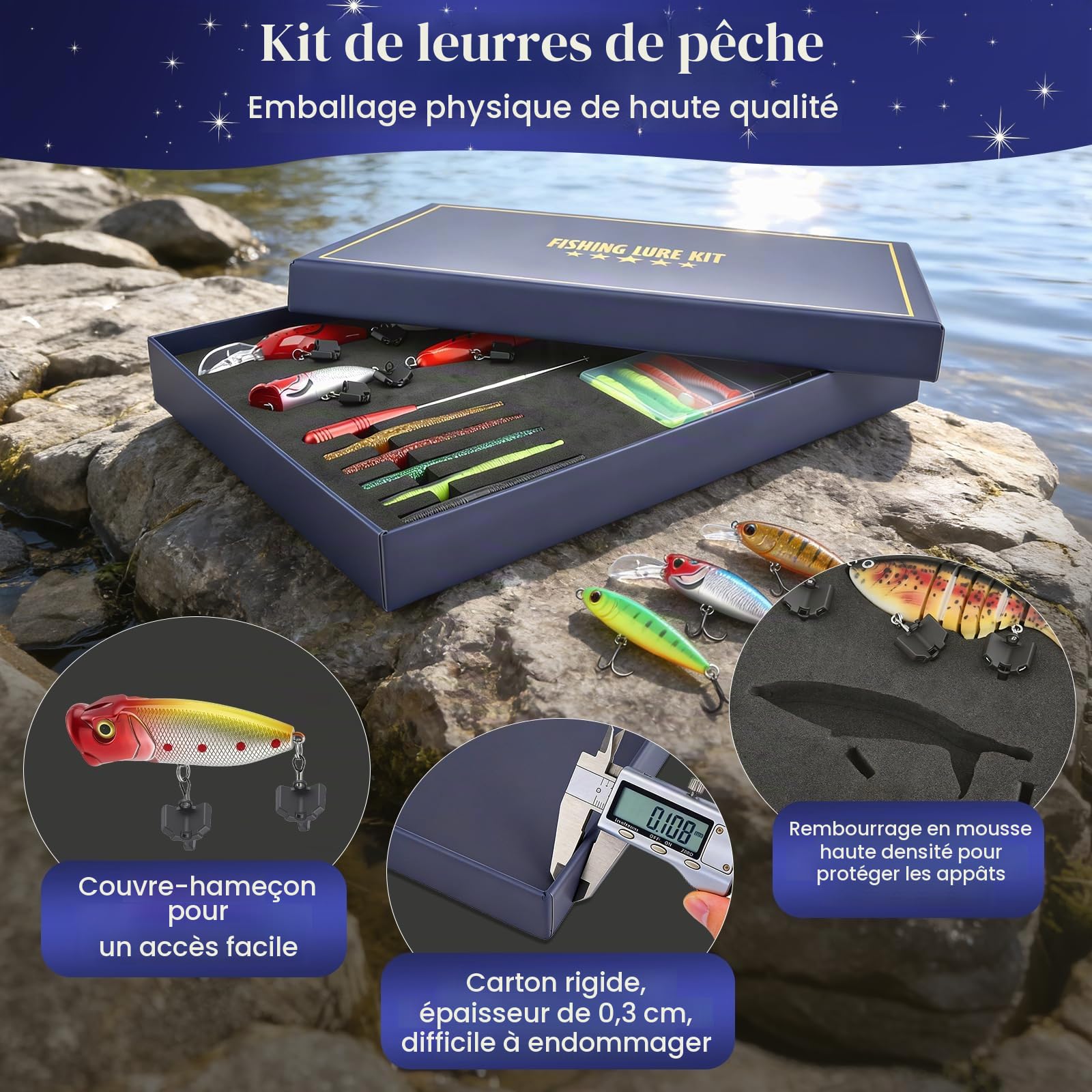 Cadeaux de pêche pour pêcheurs, boîte surprise avec poissons en caoutchouc, leurres et accessoires de pêche, sac miracle de pêche, coffret cadeau polyvalent pour les pêcheurs