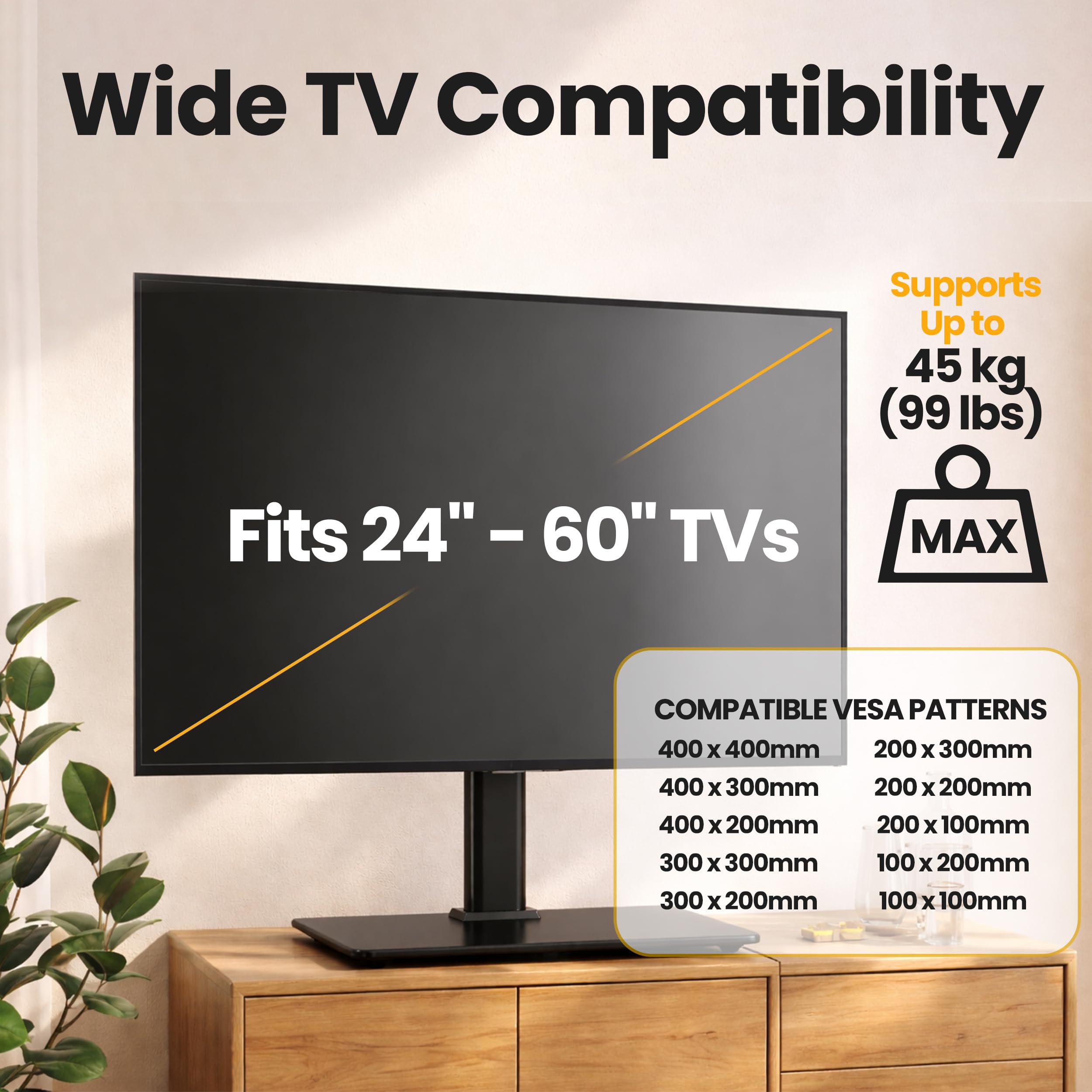 Utopia Home Universal TV Stand for 24-60 Inch TVs, Height Adjustable Tv Table Top Stand with 50 Degree Swivel, Max VESA 400x400mm, Up to 45 KG (99 lbs), Tempered Glass Base & Cable Management (Black) — view 6
