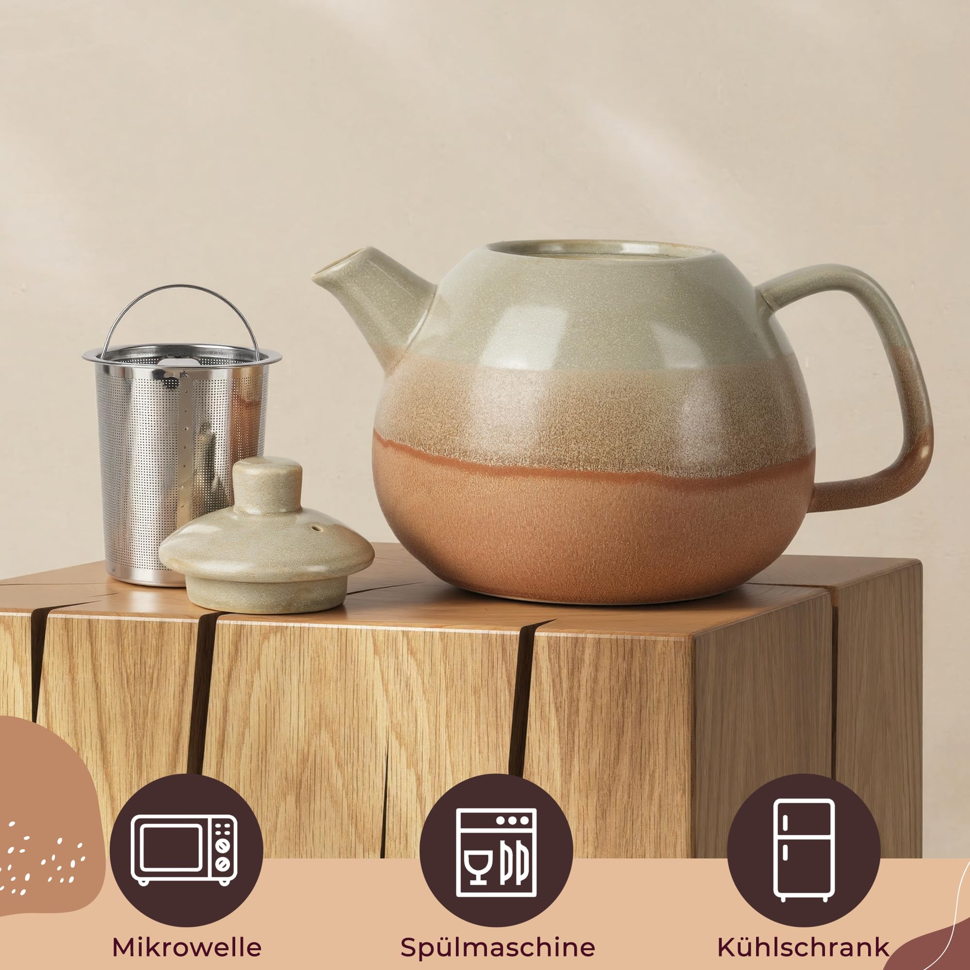 Keramik Design Teekanne mit Stövchen und Sieb - 1,4 l - Sandbeige