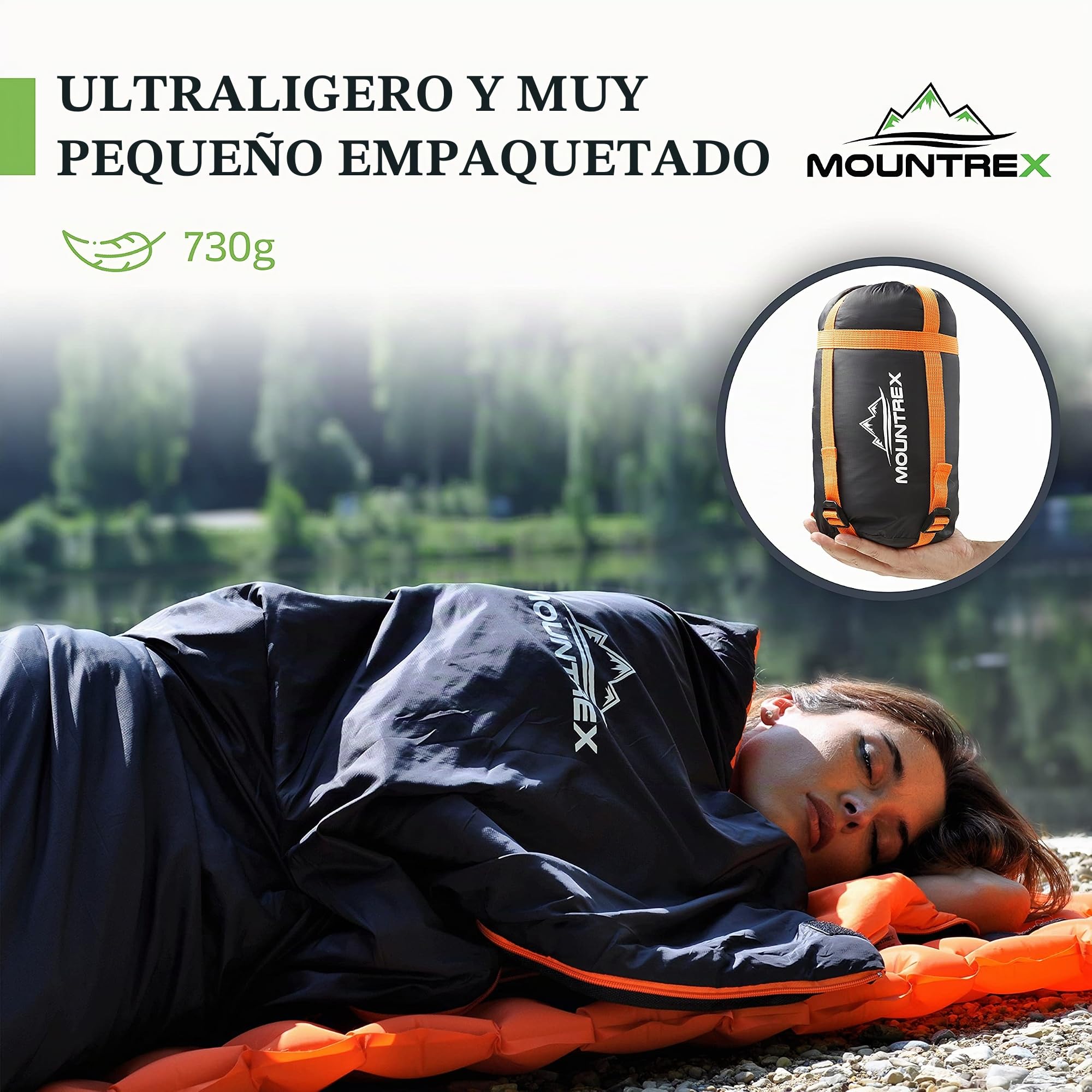 MOUNTREX® Saco de dormir – Tamaño pequeño y ultraligero (730 g) – Saco de dormir de verano – Camping Viaje Festival – Acoplable