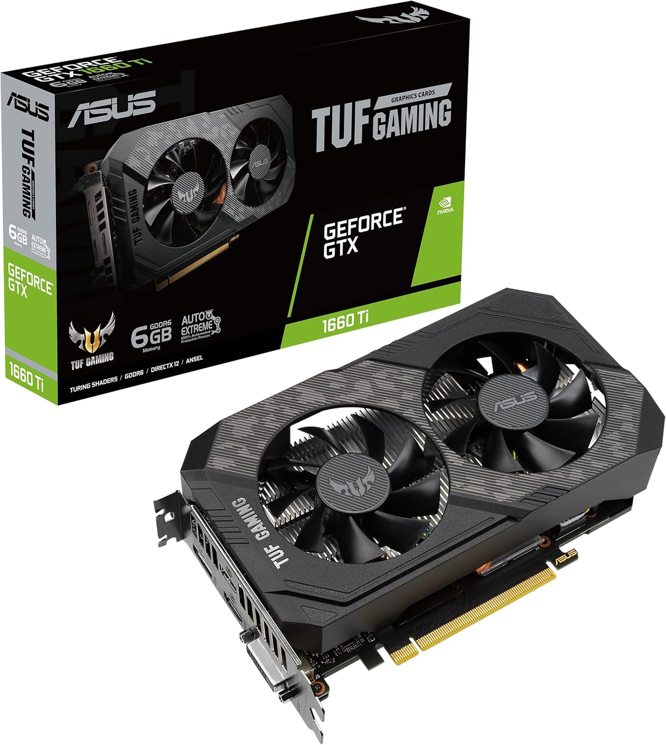 ASUS TUF Gaming 1660Ti EVO Scheda Grafica, 6 GB GDDR6, PCIe 3.0, 2 HDMI 2.0b, 1 DisplayPort 1.4, 1 DVI-D, OpenGL 4.6, NVIDIA G-SYNC, TUF Gaming Alliance, PSU Consigliata 450W, GPU Tweak II, Nero ASUS TUF Gaming 1660Ti EVO Scheda Grafica, 6 GB GDDR6, PCIe 3.0, 2 HDMI 2.0b, 1 DisplayPort 1.4, 1 DVI-D, OpenGL 4.6, NVIDIA G-SYNC, TUF Gaming Alliance, PSU Consigliata 450W, GPU Tweak II, Nero