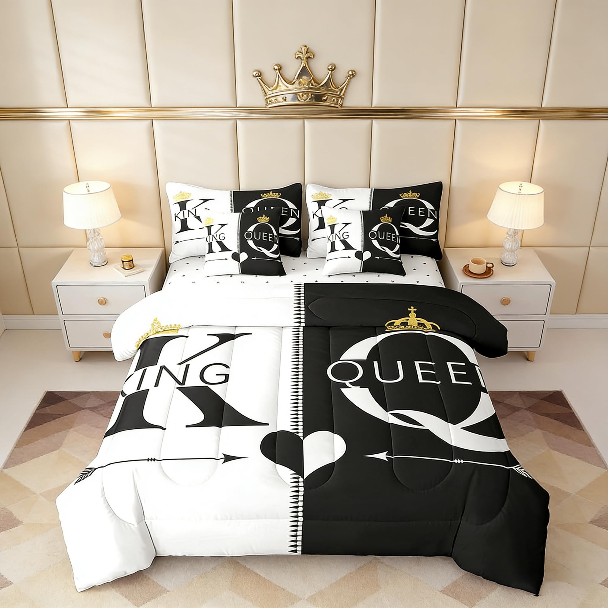 Parure de lit couronne dorée pour très grand lit de luxe avec couette et draps