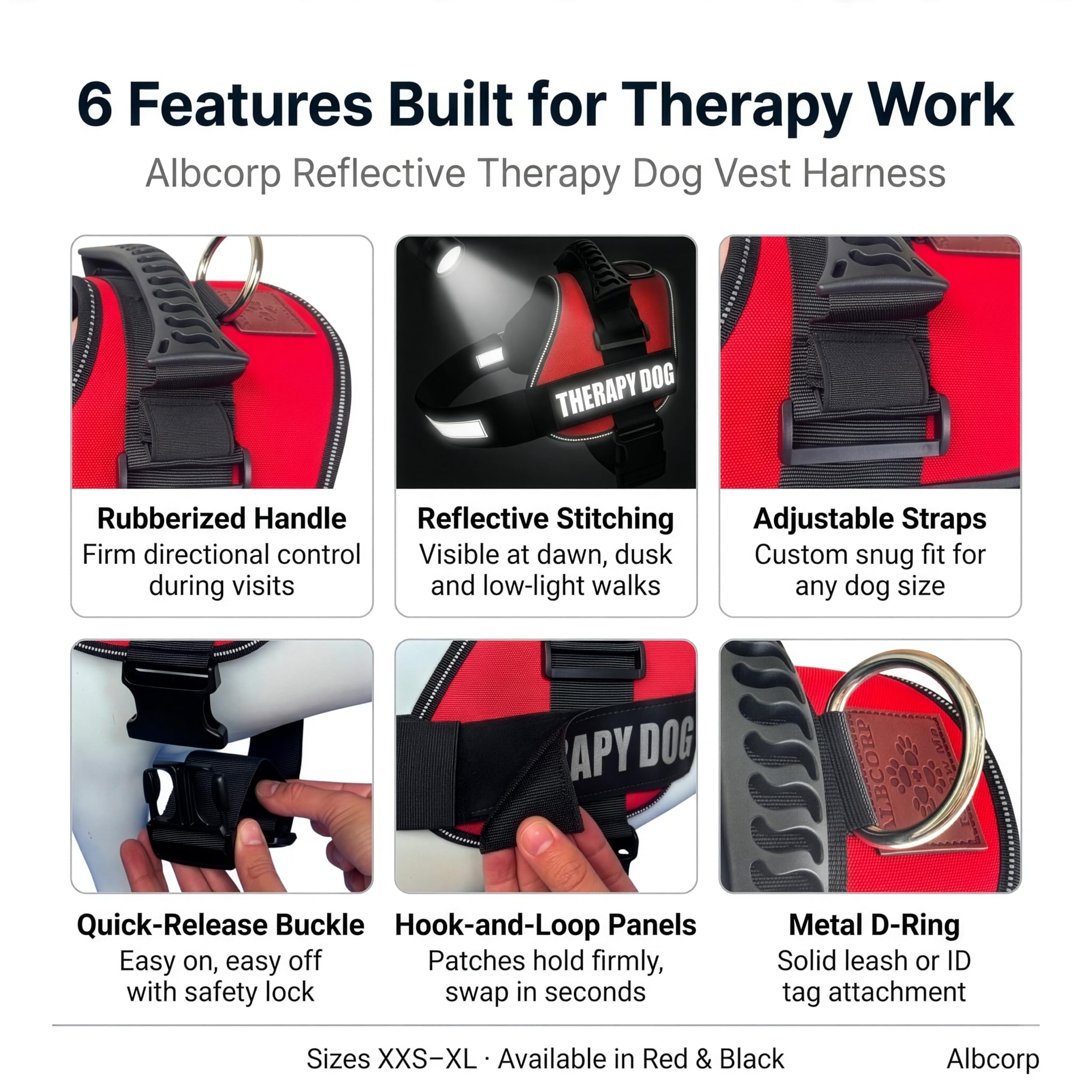 Albcorp Arnés Reflectante para Perro, de Nailon, Chaqueta de Animal de Servicio Ajustable, con 2 Parches extraíbles para Perros de Terapia de, Rojo, Extra pequeño
