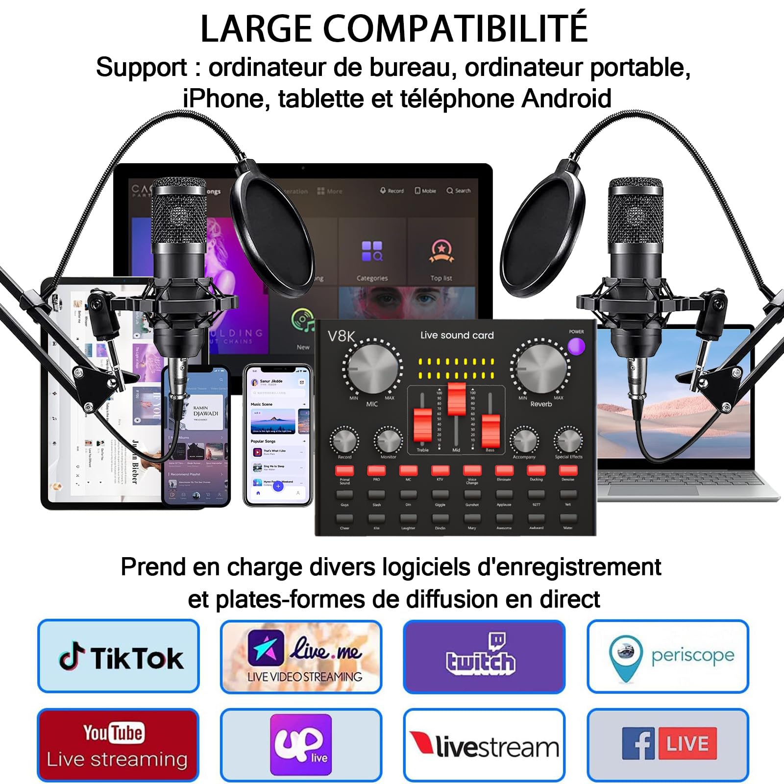 Ensemble d'Équipement Podcast, Interface Audio Tout-en-Un et Microphone à condensateur, Parfait pour l'enregistrement, la Diffusion, la Diffusion en Direct,YouTube, les jeux