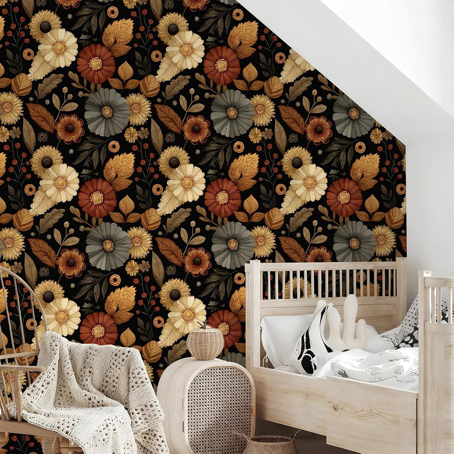 Peel and Stick Orange Vintage Boho Wallpaper Removable Leaf Fall Flowers Floral17.7" x 118.11" Wall Paper Watercolor Self Adhesive Contact Paper for Classroom Bedroom Laundry Room Bathroom