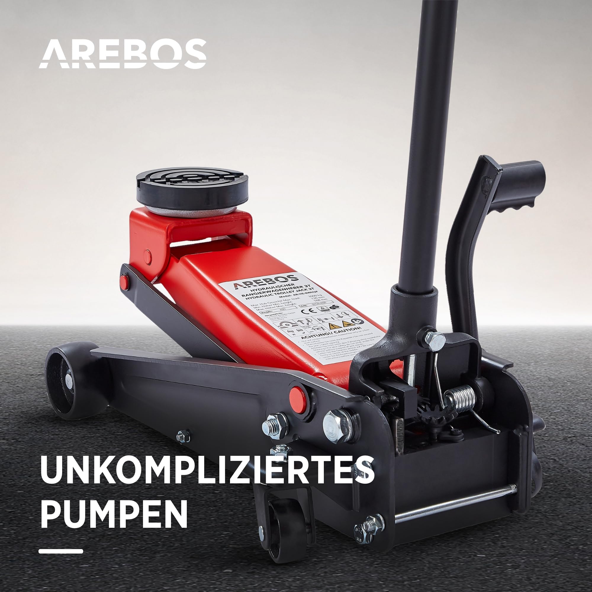 Arebos 3T Hydraulischer Rangierwagenheber mit integriertem Fußpedal | Unterfahrhöhe 130-508 mm | 2 Gummi-Auflagen | Wagenheber Jack 360° Rollen | Heber Ständer KFZ Auto PKW