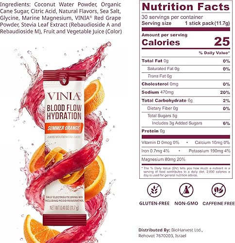 Miniatura 2 de VINIA Resveratrol - Mezcla de polvo de hidratación de electrolitos, naranja de verano  Aumenta el flujo sanguíneo y la circulación  Sal marina, agua