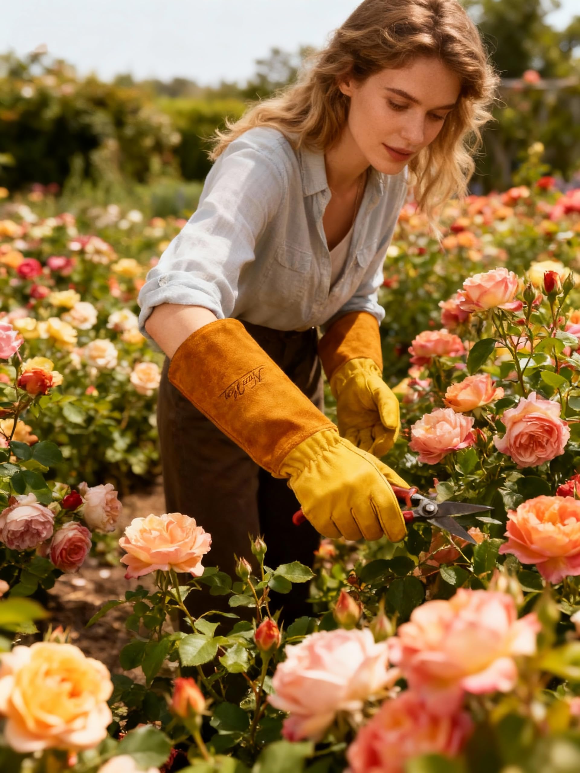 Gardens Guanti da giardinaggio in pelle per donne e uomini | Guanti da lavoro da giardino a prova di spine e taglio, guanti lunghi resistenti | adatti per cespugli spinosi cactus rosa (medio, giallo)