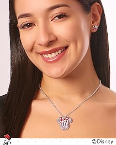 Disney Womens Minnie and Mickey Mouse Pave Crystal Necklaces Officially Licensed Jewelry, 16"+3" Adjustable Chain