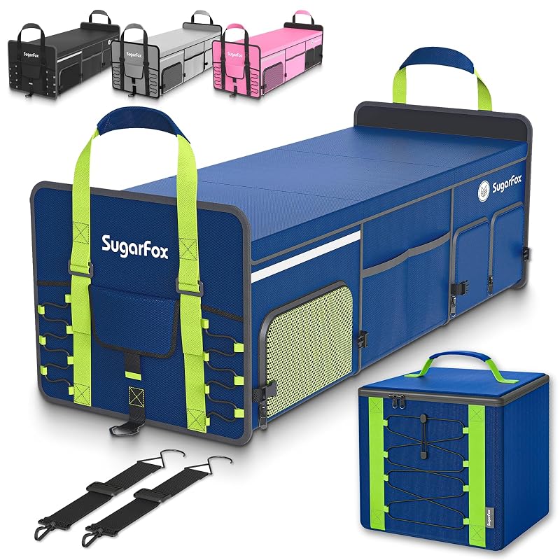 Organizador de porta-malas SugarFox 95 L dobrável com compartimento para calçados e área térmica de 26 L, azul X212, para SUV, carro e Jeep