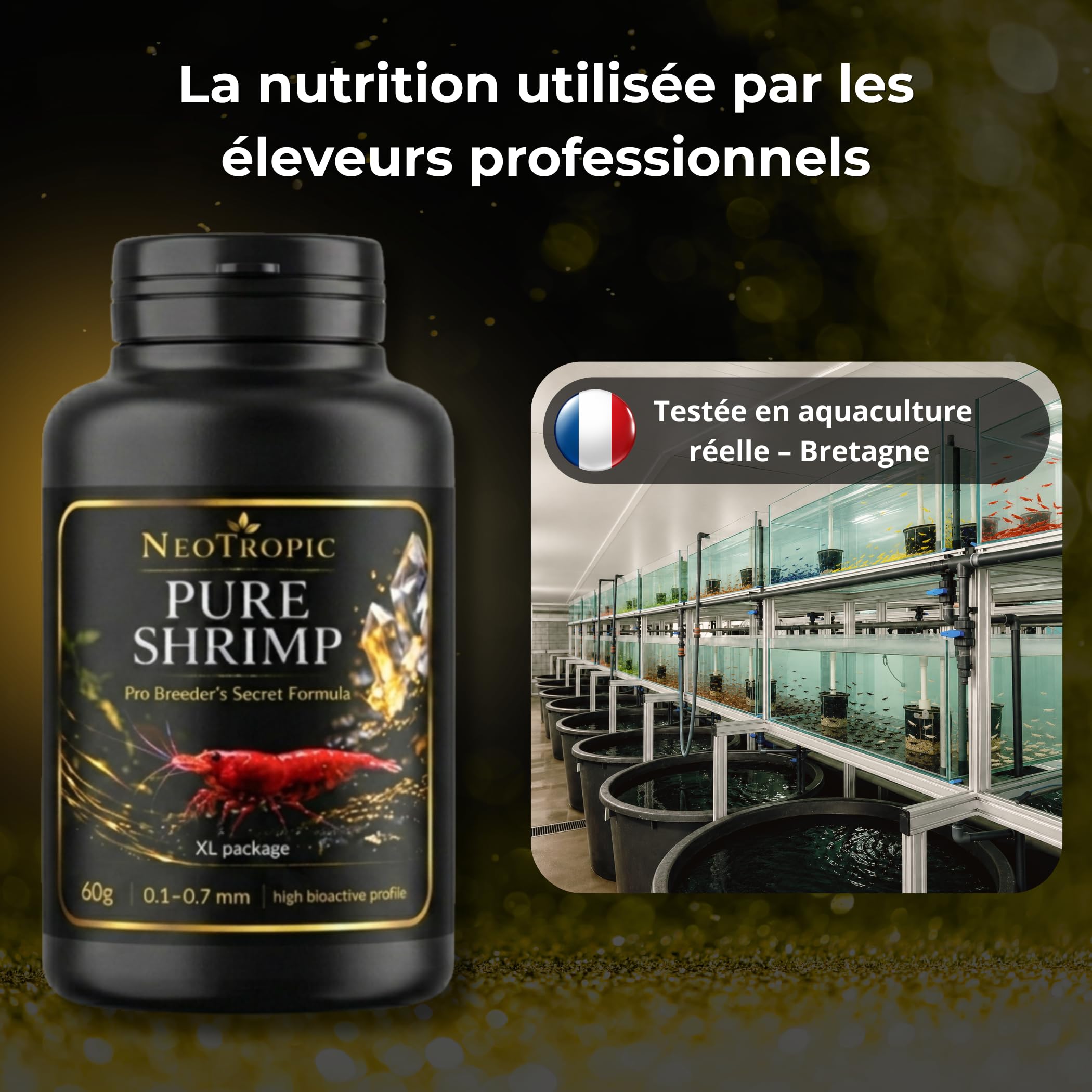 NEOTROPIC Pure Shrimp Pro Formula - Nourriture Crevettes Aquarium - Formule Aquaculture Française - Croissance Reproduction & Couleurs Intenses - Micro-granulés (60g)