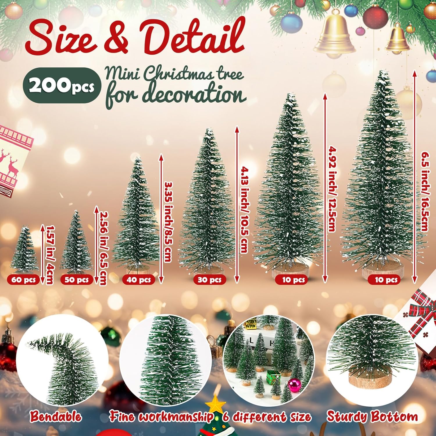 SATINIOR 200 Pieces 6 Sizes Artificial Mini Christmas Tree Sisal Snow Trees Bottle Brush Christmas Trees Pine Trees Ornaments with Wooden Base for Home Christmas Winter Party Decoration(Dark Green)