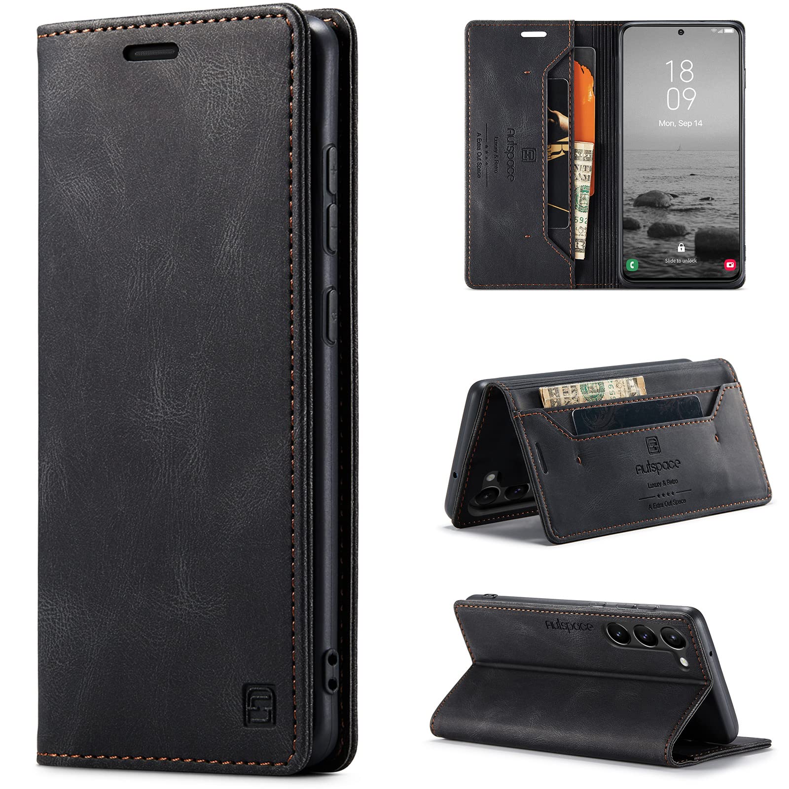 Hongxinyu Wallet Case for Samsung Galaxy S23 FE 5G 2023,Magnetic Protect PU Leather Flip Case with Card Holder Cash Slot RFID Blocking Kickstand Shockproof Protection Case (Black)