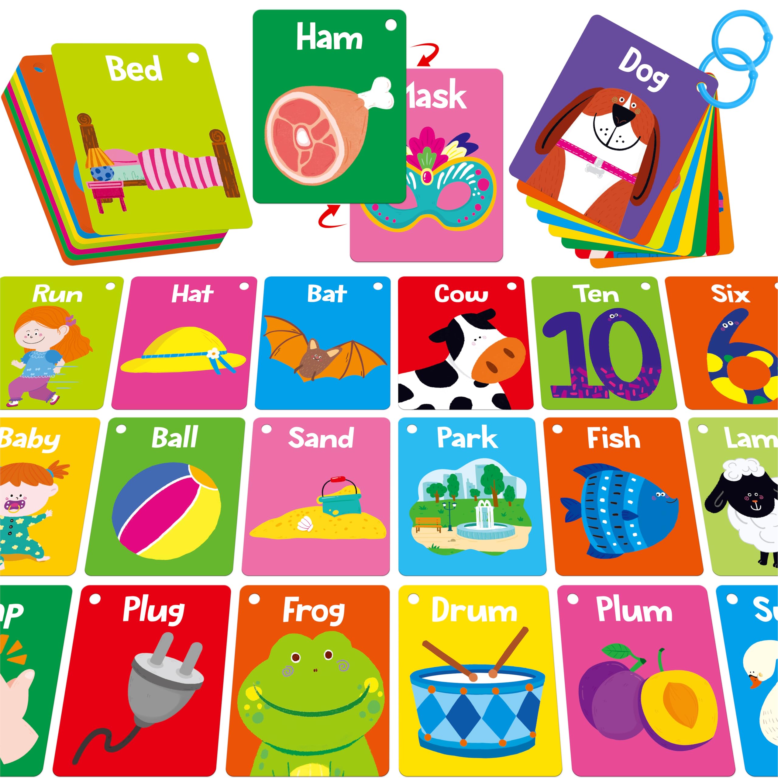 52 PCS Word Flashcards, 52 CVC Words & 52 CVCC, CCVC Words Double-Sided Cards with 2 Rings, Vocabulary Phonics Learning, Educational Tool for Preschool, Kindergarten, Toddlers โ image 1