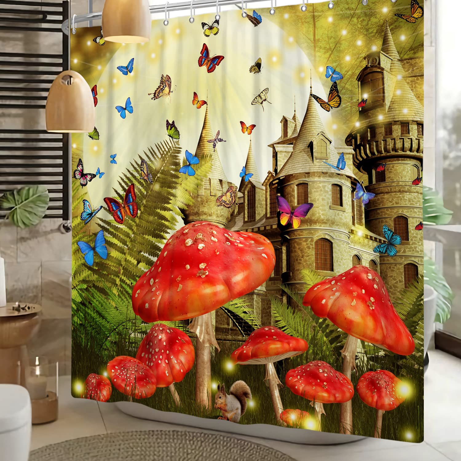 Tenda Doccia Fungo Con Farfalle E Fiori - Set Con Ganci - 122x183 Cm - Poliestere 3D - 3