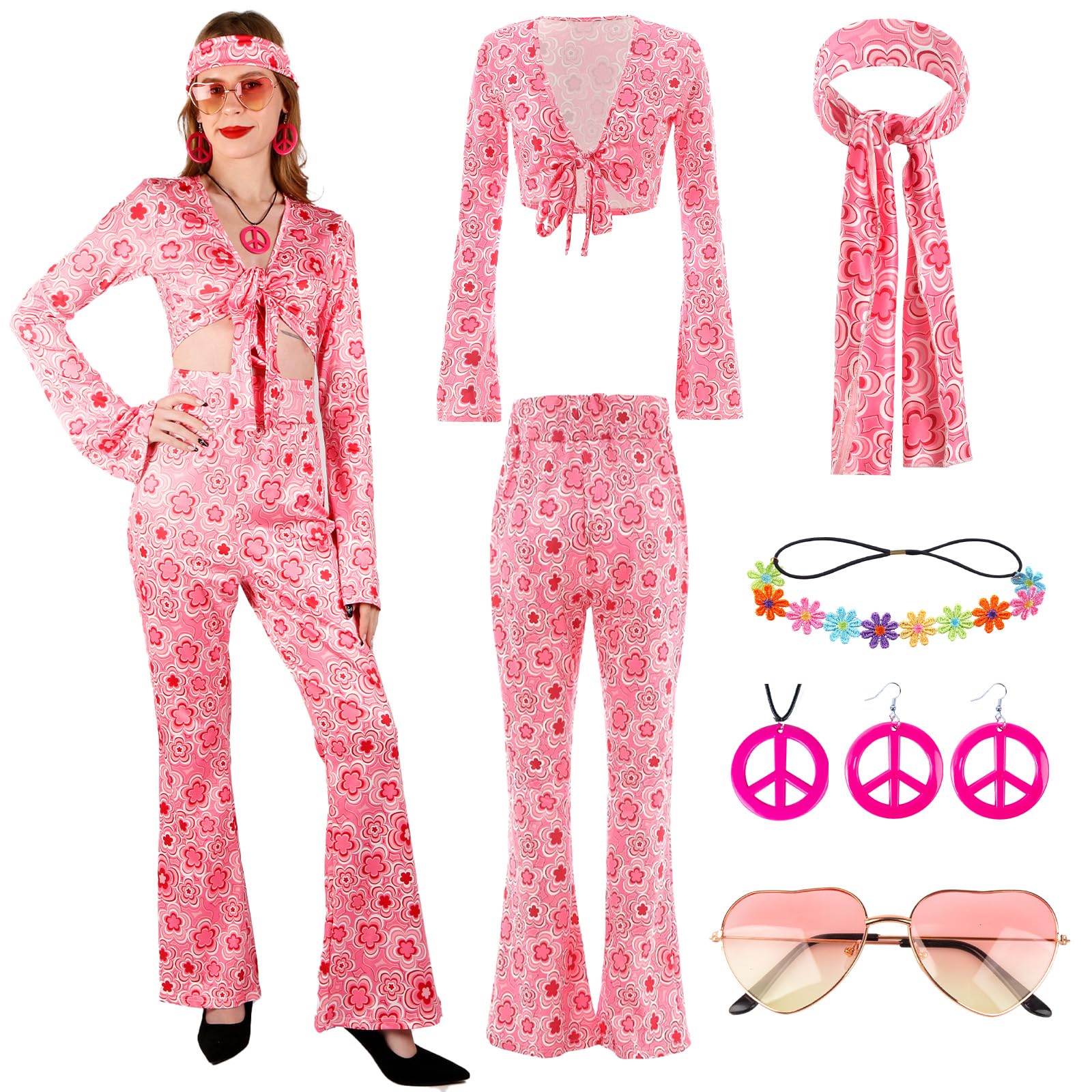 Disfraz hippie para mujer, accesorios de ropa hippie, accesorios de los años 60 y 70, disfraz de mujer, disfraz hippie, accesorios superiores, pantalones de los años 70 para carnaval, fiesta