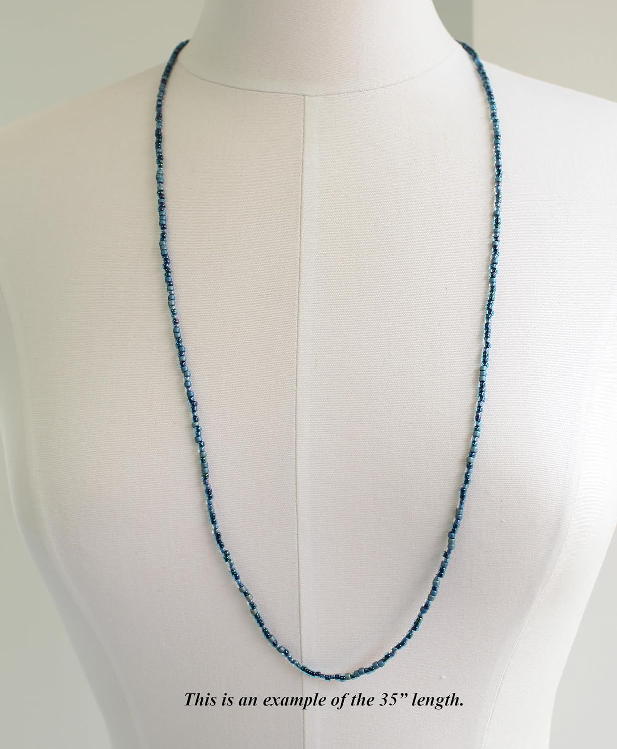 Handmade Multi Color Shibori Blue Seed Bead Necklace, Thin 2mm Single Strand Blue Beaded Necklace