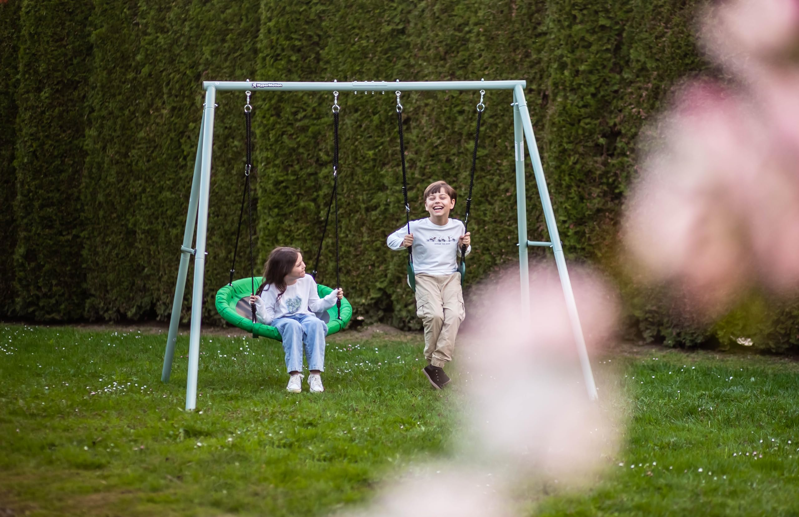 HyperMotion Columpio Infantil Doble para Jardín Exterior - Asiento y Nido de Cigüeña Ajustable con Estructura en A - para 2-3 Niños, Carga 200kg, Resistente UV
