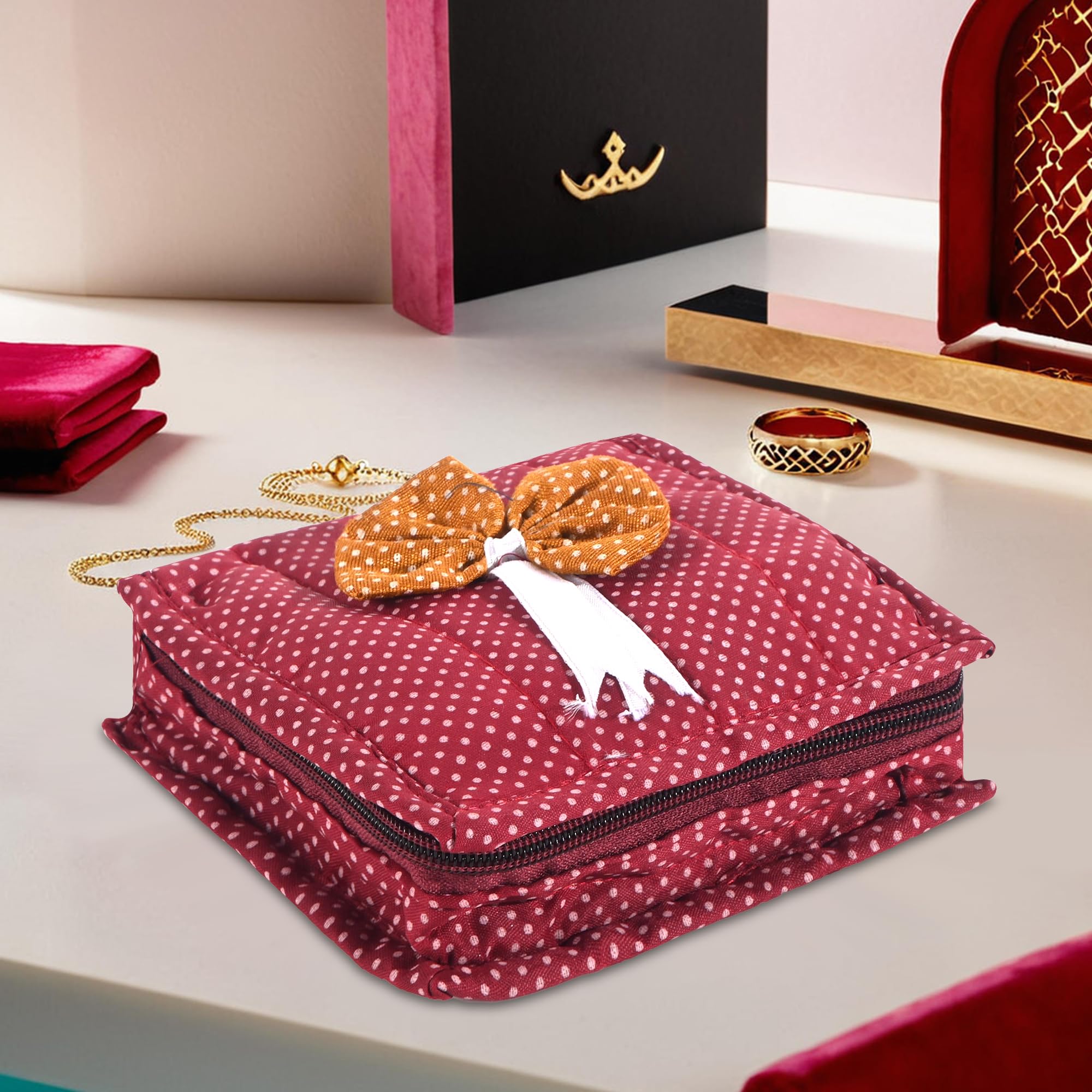 Kuber Industries Cotton Small Makeup Pouch Bag with 5 Compartments | Jewellery Organisers Pouch for Storage Earrings, Rings and Bracelet | Dot Bow Design - Maroon