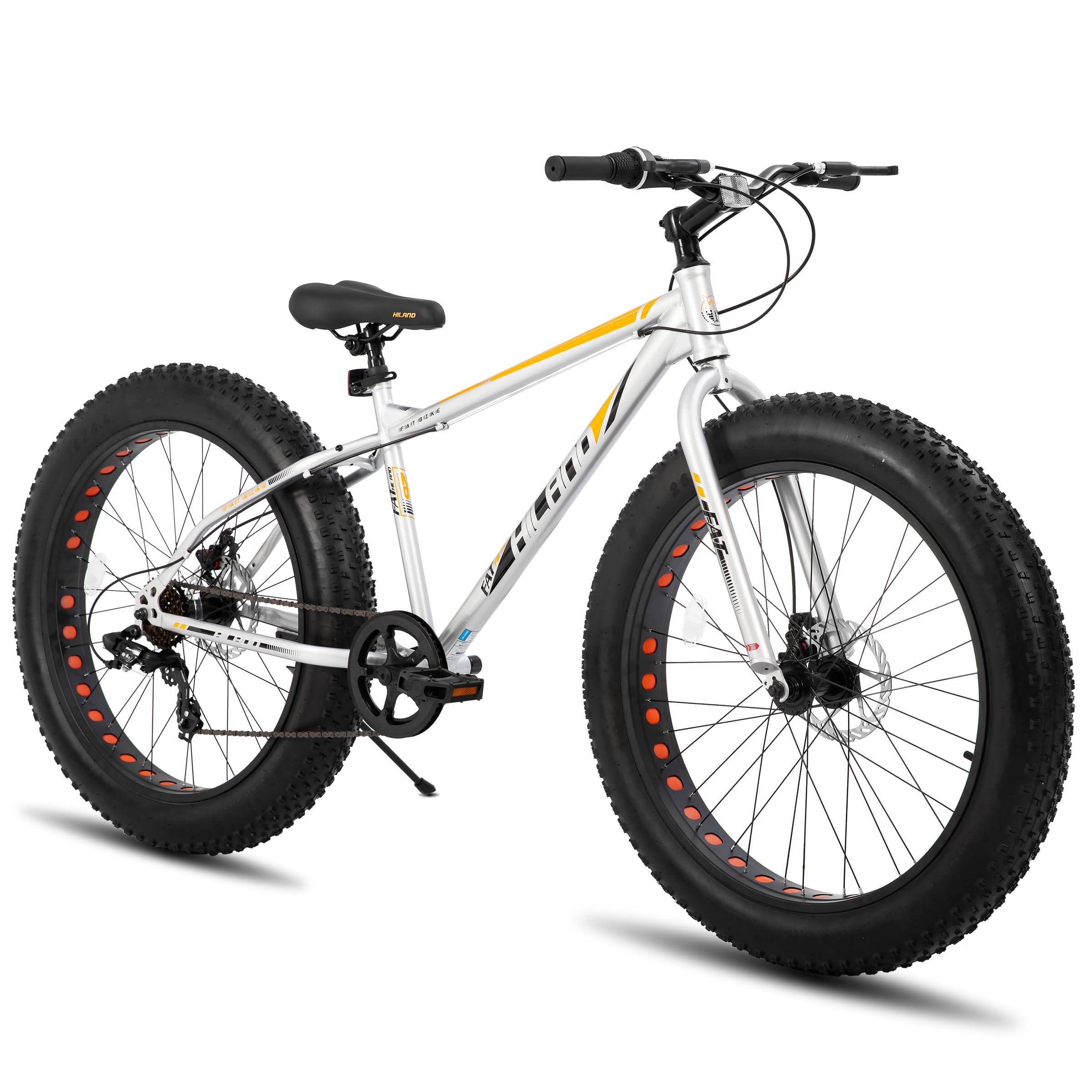 HH HILAND 26 Inch Fat Tire Mountain Bike for Men and Women, High Carbon Steel Frame Beach and Snow Wide Tire Adult Bicycle, 7-Speed and Dual-Disc Brake MTB Sliver