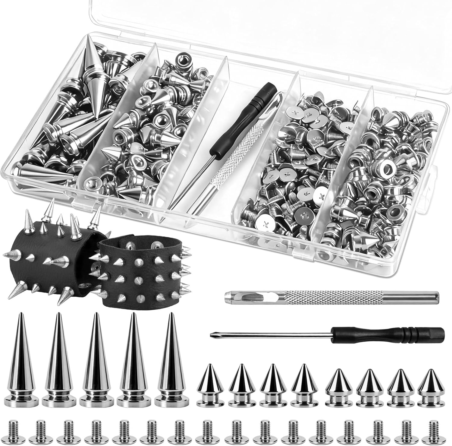 CXIIPOL 240 Pieces Multiple Sizes Silver Studs for Clothing, 3 Sizes Metal Studs and Spikes, Metal Punk Spikes for Leather Craftsmanship, Jackets, Shoes, Belt Bags, Dog Collars