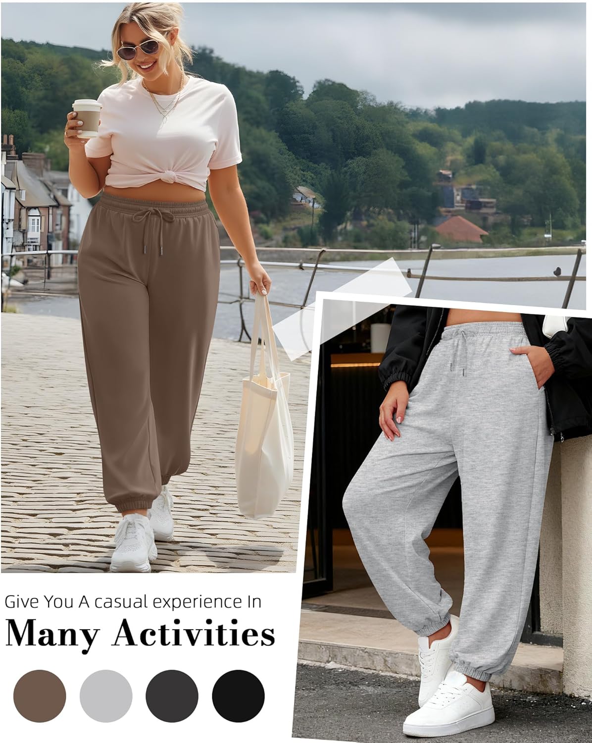 4 Pack Women's Plus Size Sweatpants, Drawstring Loose Fit Joggers Pants Comfy Casual Athletic Pants with Pockets - Image 3