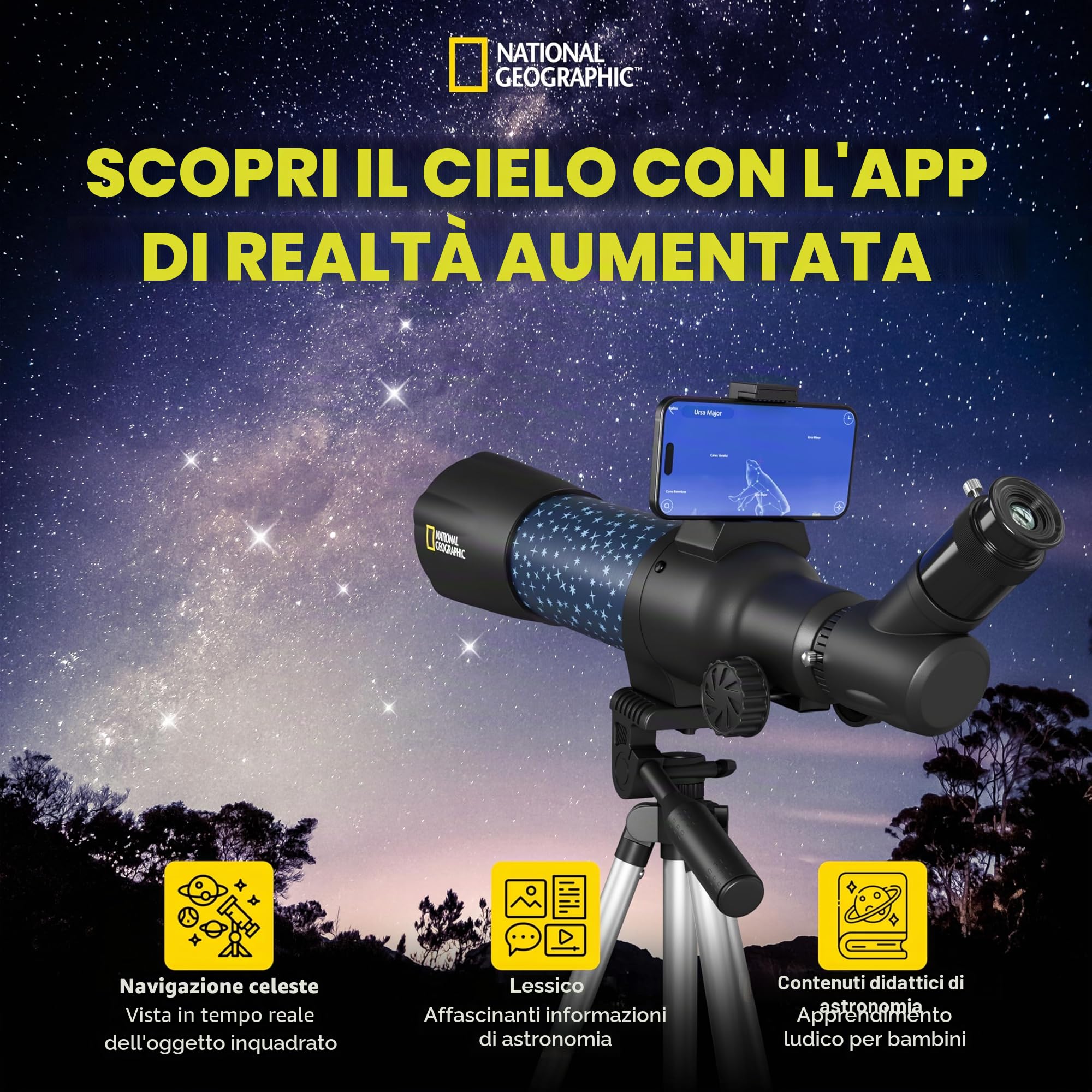 National Geographic smartes AR - Telescopio per bambini con treppiede, zaino, supporto per smartphone e app di realtà aumentata
