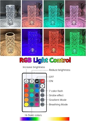 Miniatura 6 de ITALUCE Lámpara de mesa de cristal de diamante rosa 16 colores cambiantes lámpara de rosa lámpara táctil RGB con control remoto recargable USB-C