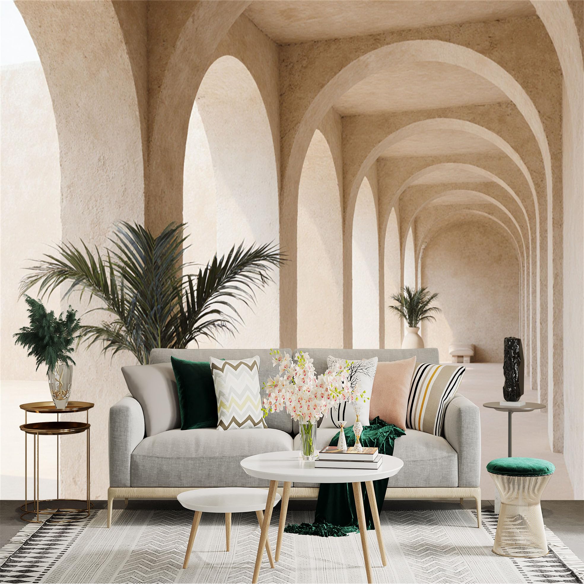 Custom Size Wall Sticker Mural， Beige Stone Archway Corridor， Mediterranean Architectural Style， Potted Tropical Plants， Minimalist Interior Decor， for wall Decoration， peelandstick wall Decals.