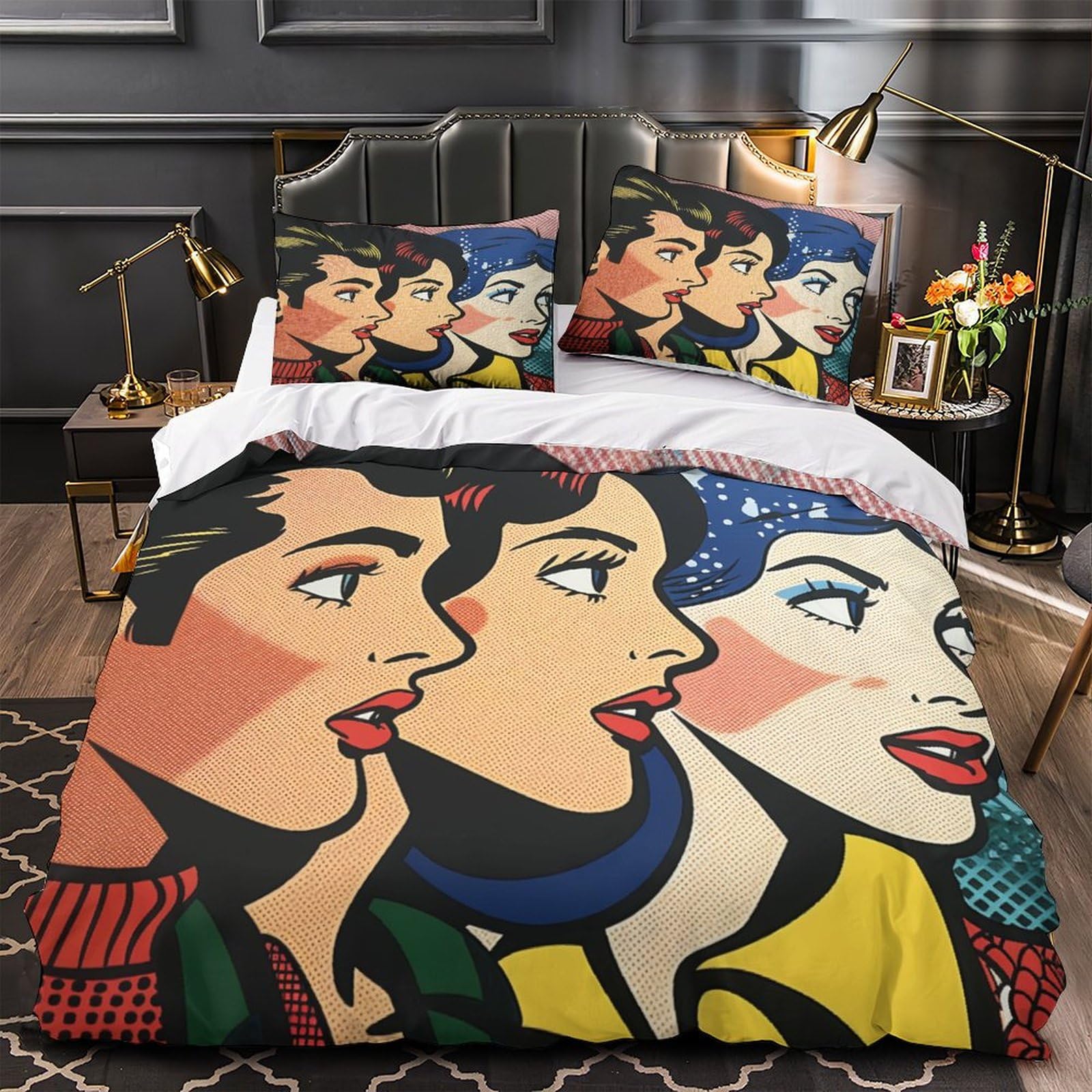 Set Copripiumino Coppia Pop Art 3D Stampato 3 Pezzi Microfibra Decorazione Camera da Letto Set Biancheria Letto Moderno per Giovani Adulti Regalo King（220x240cm）