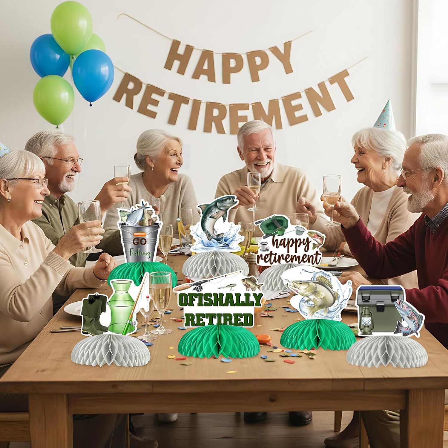 Funmemoir Fishing Retirement Party Decorations - 8PCS Fishing Themed Table Honeycomb Centerpieces for Men, Ofishally Retired Funny Retirement Fisherman Theme Party Supplies