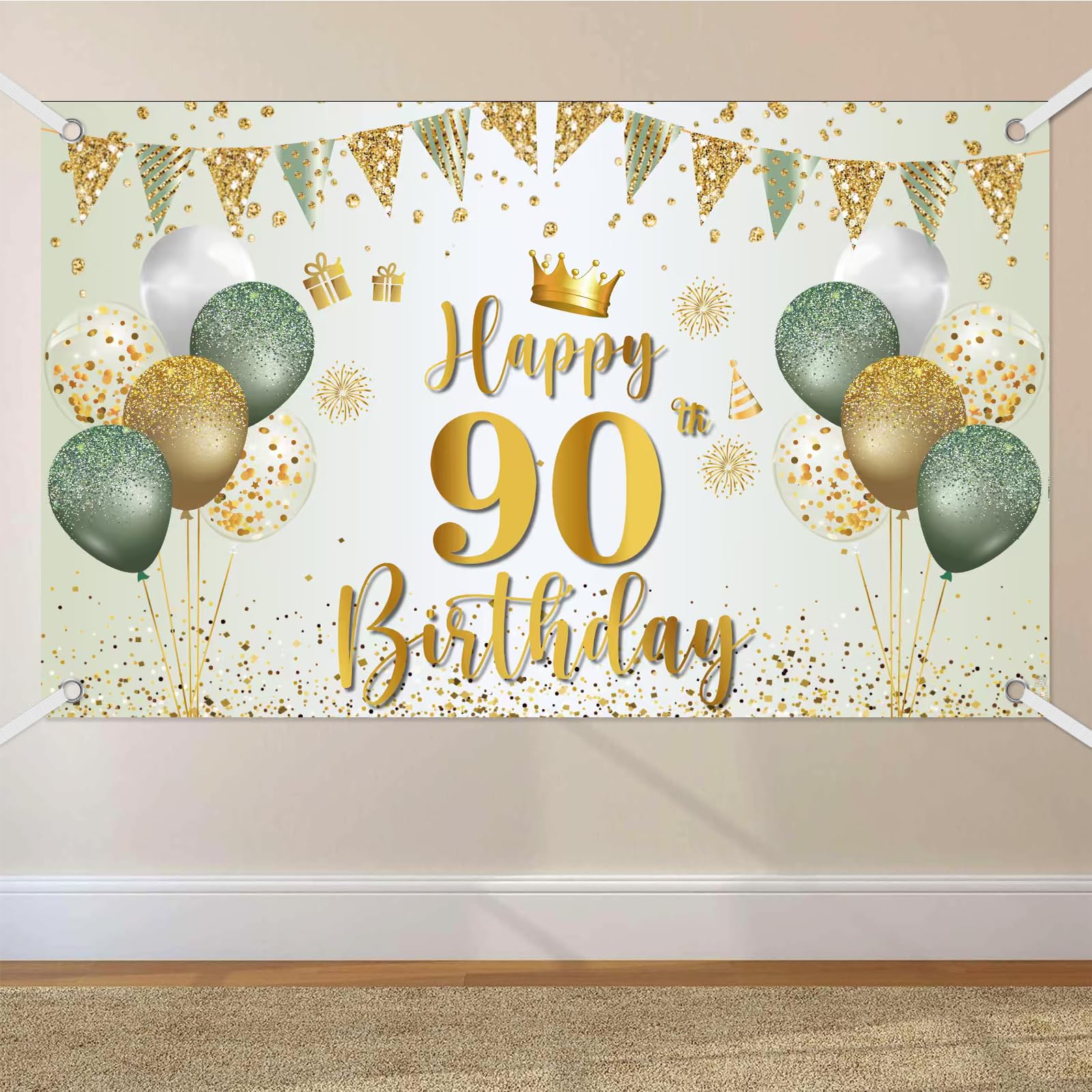90th Birthday Banner Green Gold, 90th Birthday Banner, 90 Background Banner Extra Large for Women Man 90th Birthday Party Decoration