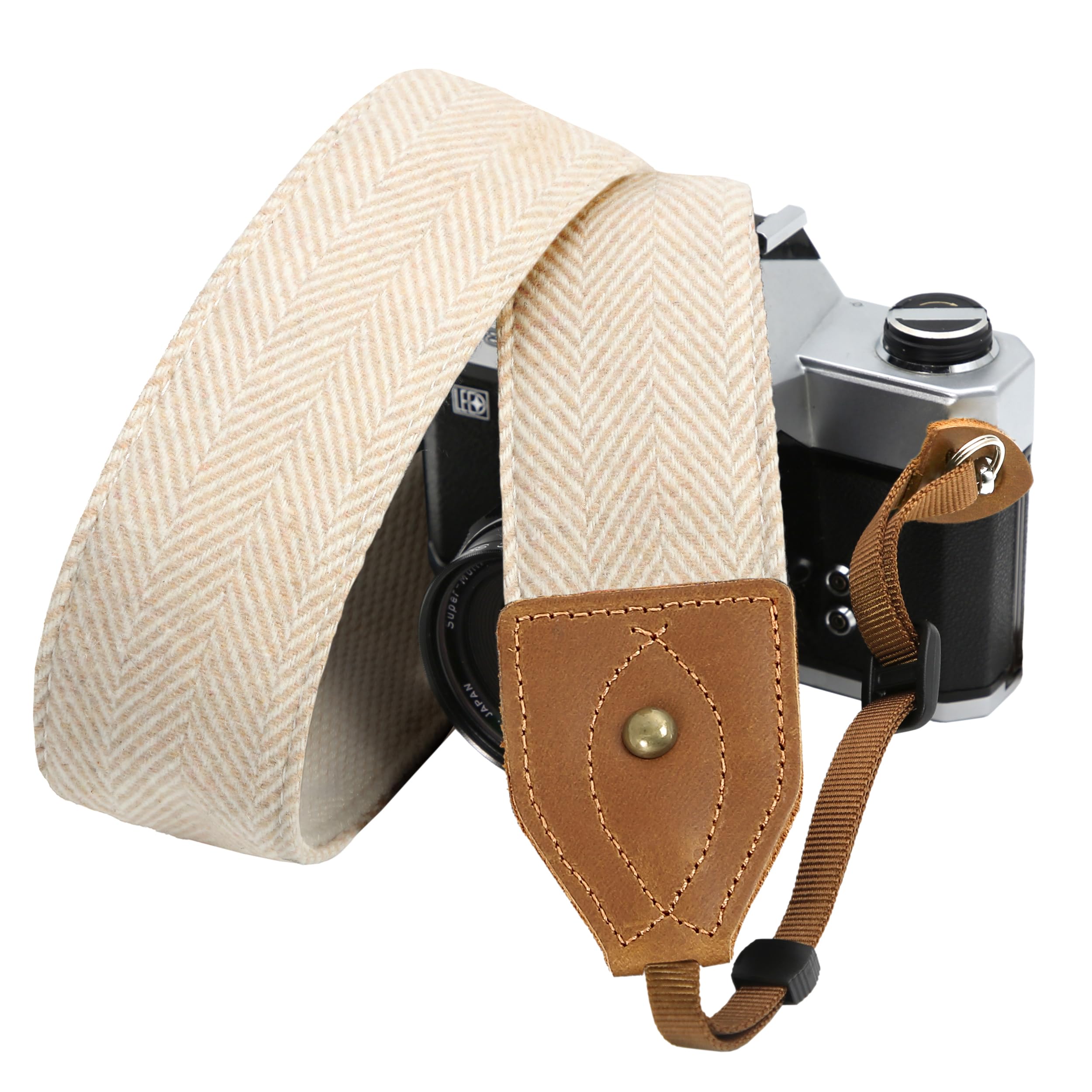 Padwa Lifestyle 2" Wide Classic Crazy Horse Art Cowhide Head Camera Strap - Beige White Twill Cashmere Vintage Camera Straps for Photographers, Adjustable Shoulder & Neck Strap Fits All DSLR Cameras