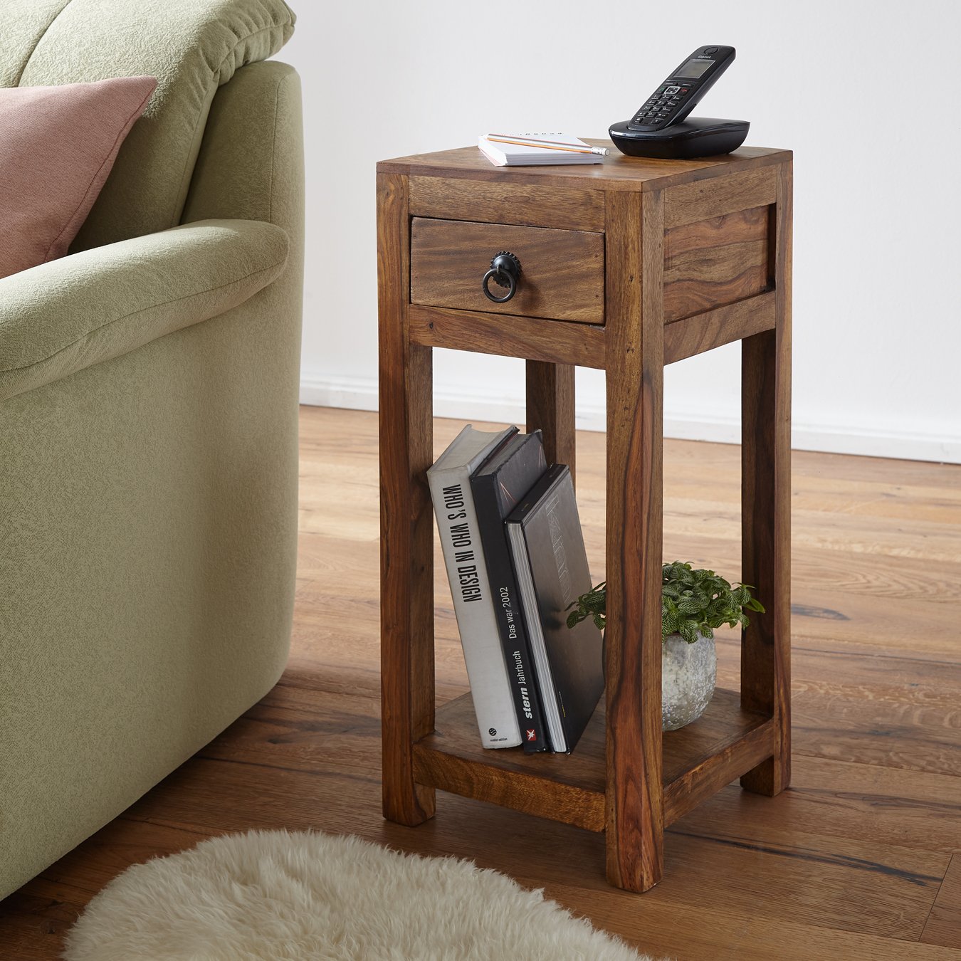 FineBuy Mesa Auxiliar con Cajón 30x30x68 cm Madera Maciza de Sheesham y Metal | Mesa Lateral Cuadrada para Salón | Mesita de Teléfono Pequeña para Sofá | Mesa de teléfono de madera auténtica, estrecha mesa de salón alta, taburete de flores y mesita de noc